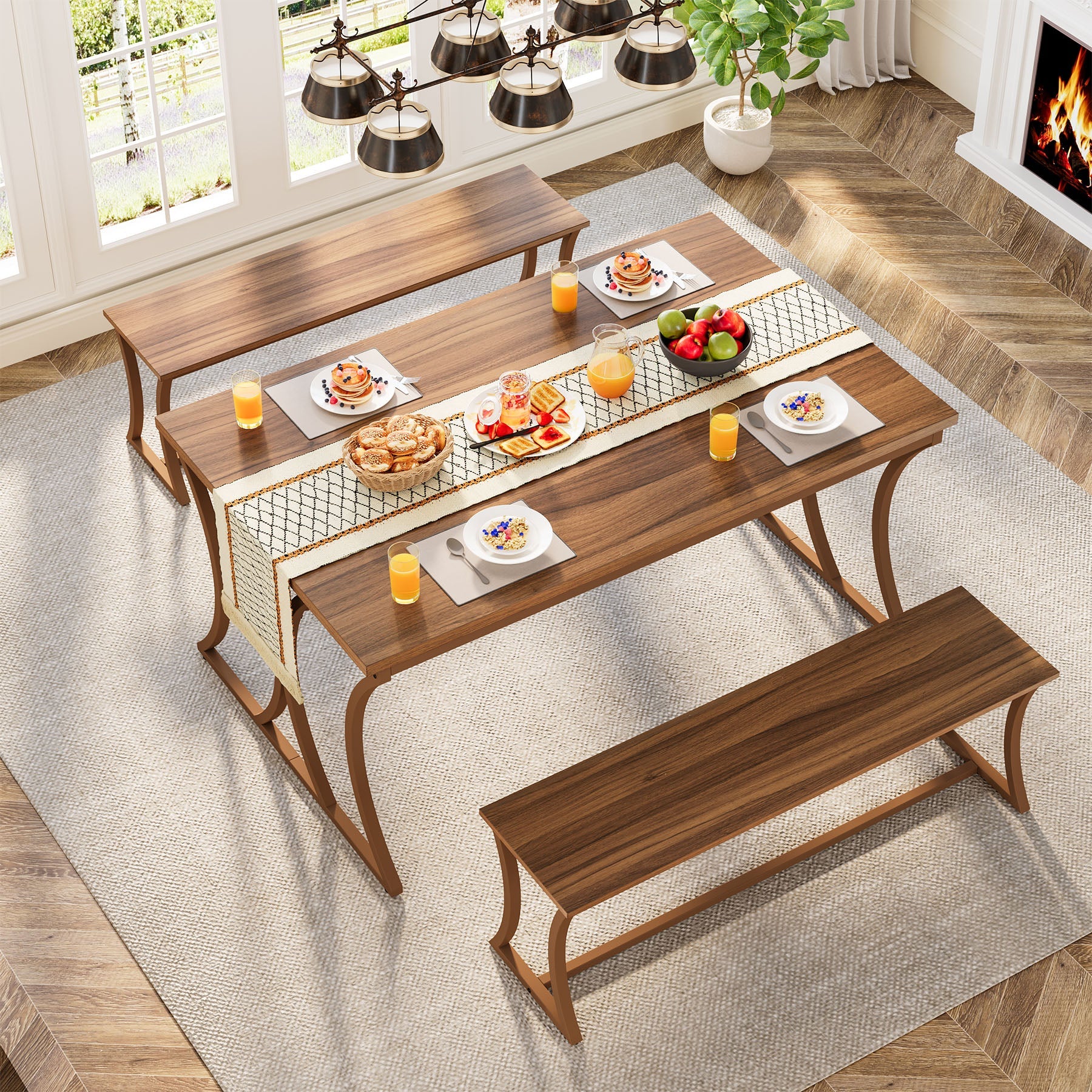 4-teiliges 130cm Esstischset mit 2 Bänken und Tischläufer