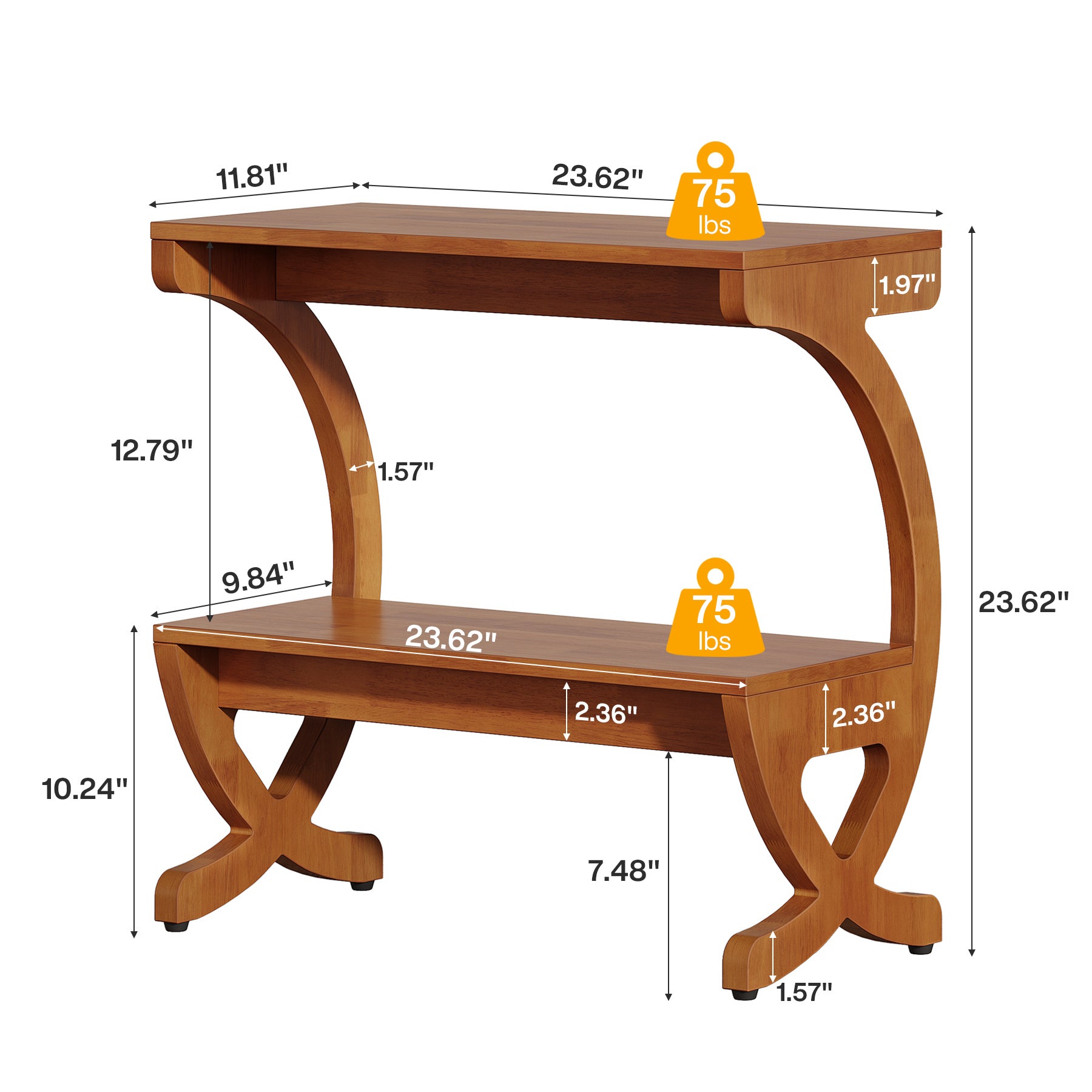 Tribesigns Massivholz Beistelltisch mit Ablage, Schmaler 2-Ebenen Nachttisch im Mid-Century Design