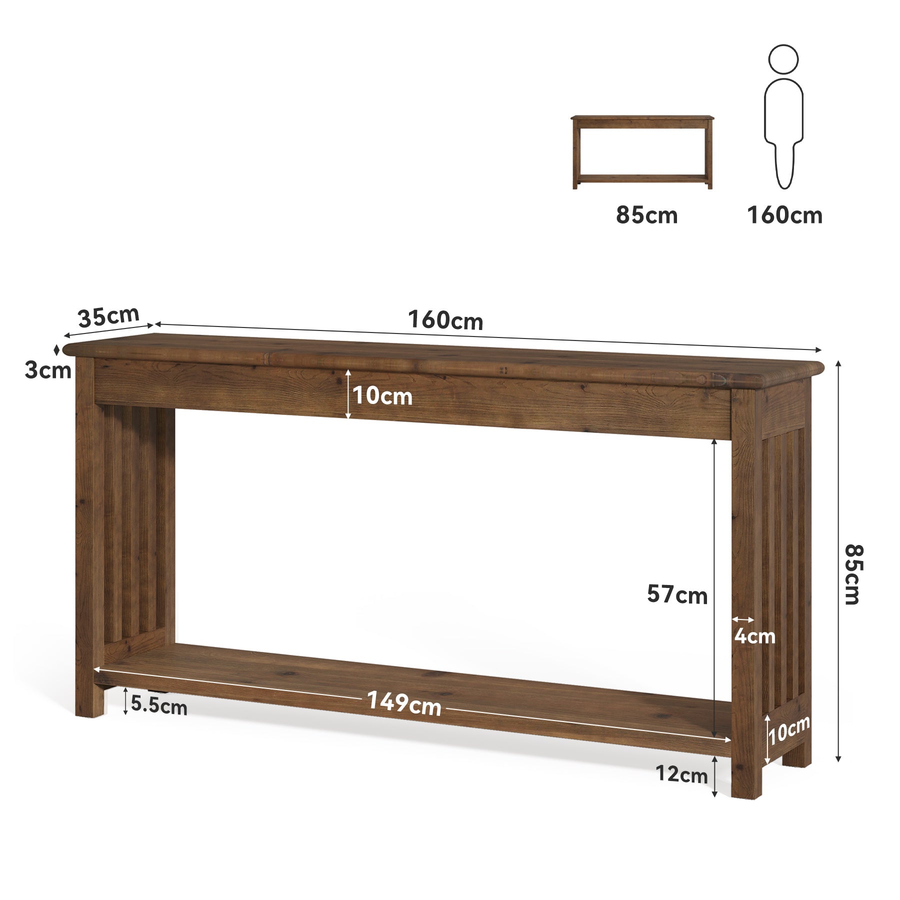 160 cm Konsolentisch aus Massivholz, Schmaler Sofatisch für Flur, Eingangsbereich und Wohnzimmer