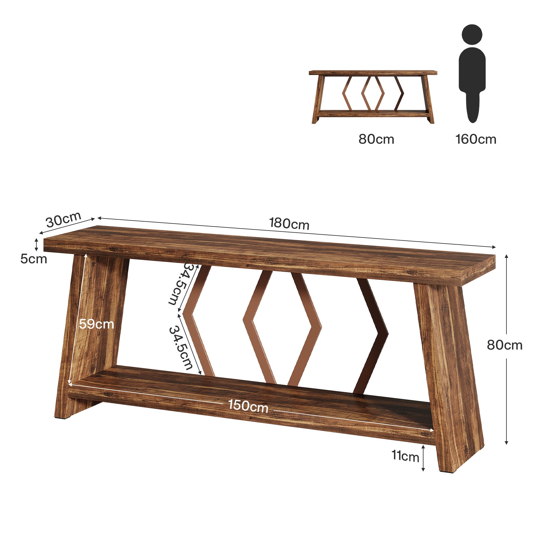 Tribesigns Extra langer Konsolentisch 180 cm mit 2 Ablagen, Schmaler Sofatisch für Wohnzimmer und Flur, Holz-Metall Design
