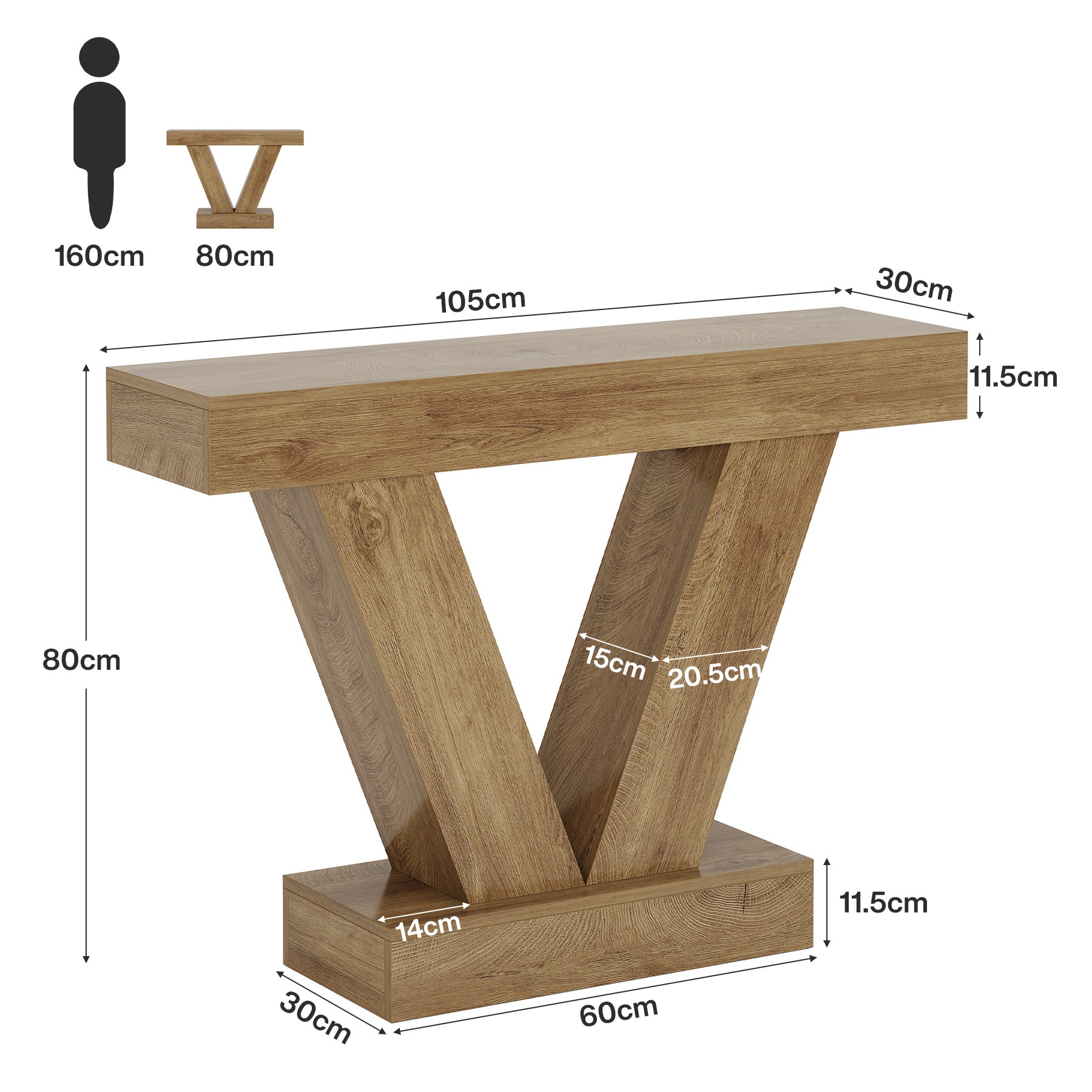 105 cm Eingangstisch, Schmaler Konsolentisch mit V-Beinen für Flur, Foyer und Wohnzimmer