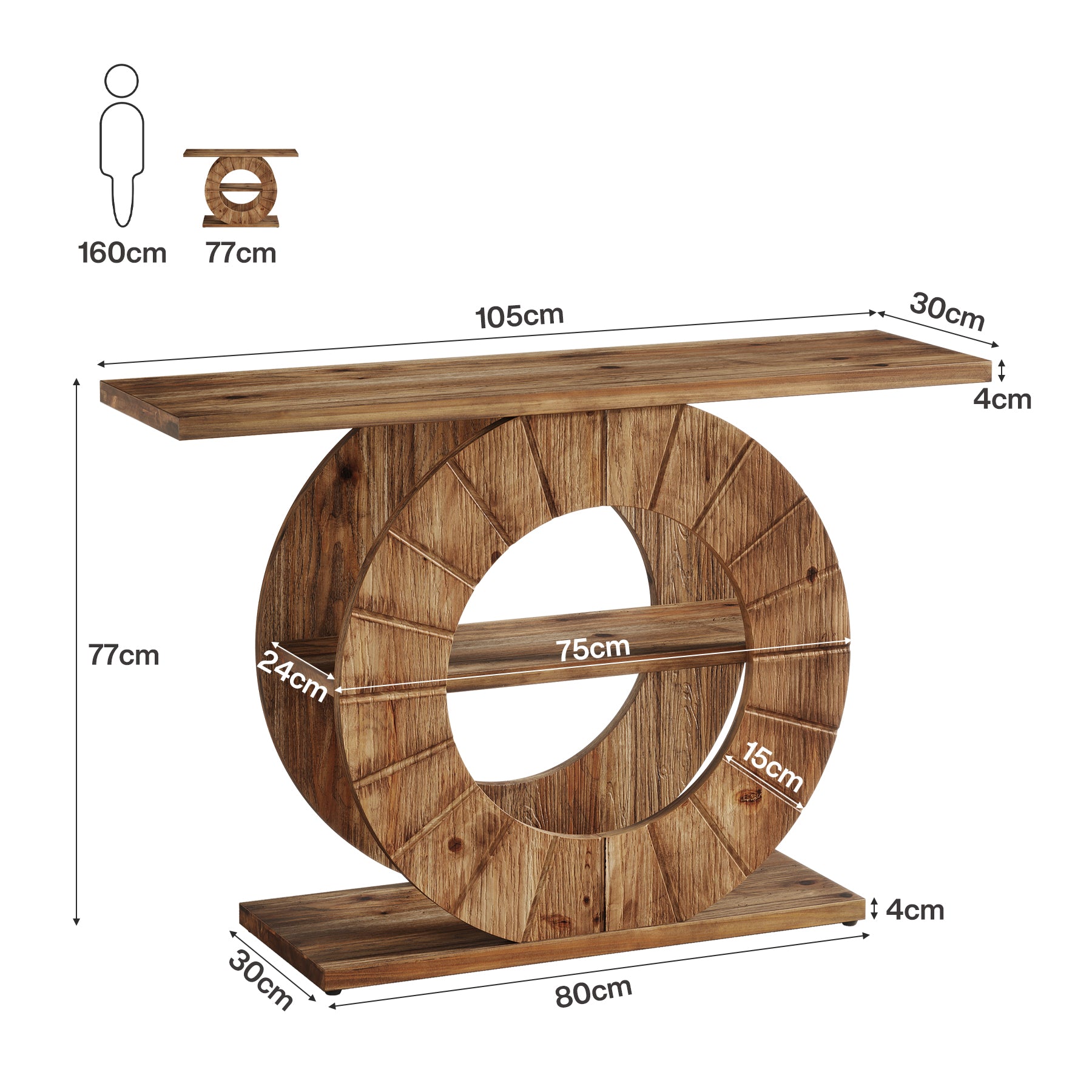 Tribesigns Massivholz Konsolentisch 105 cm mit 3 Ablagen, Schmale Flurkonsole im Landhausstil mit Rundem Design