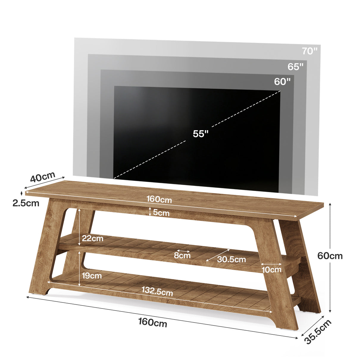 Tribesigns TV-Lowboard 160 cm für 75 Zoll Fernseher, TV-Schrank mit 3 Ablagen