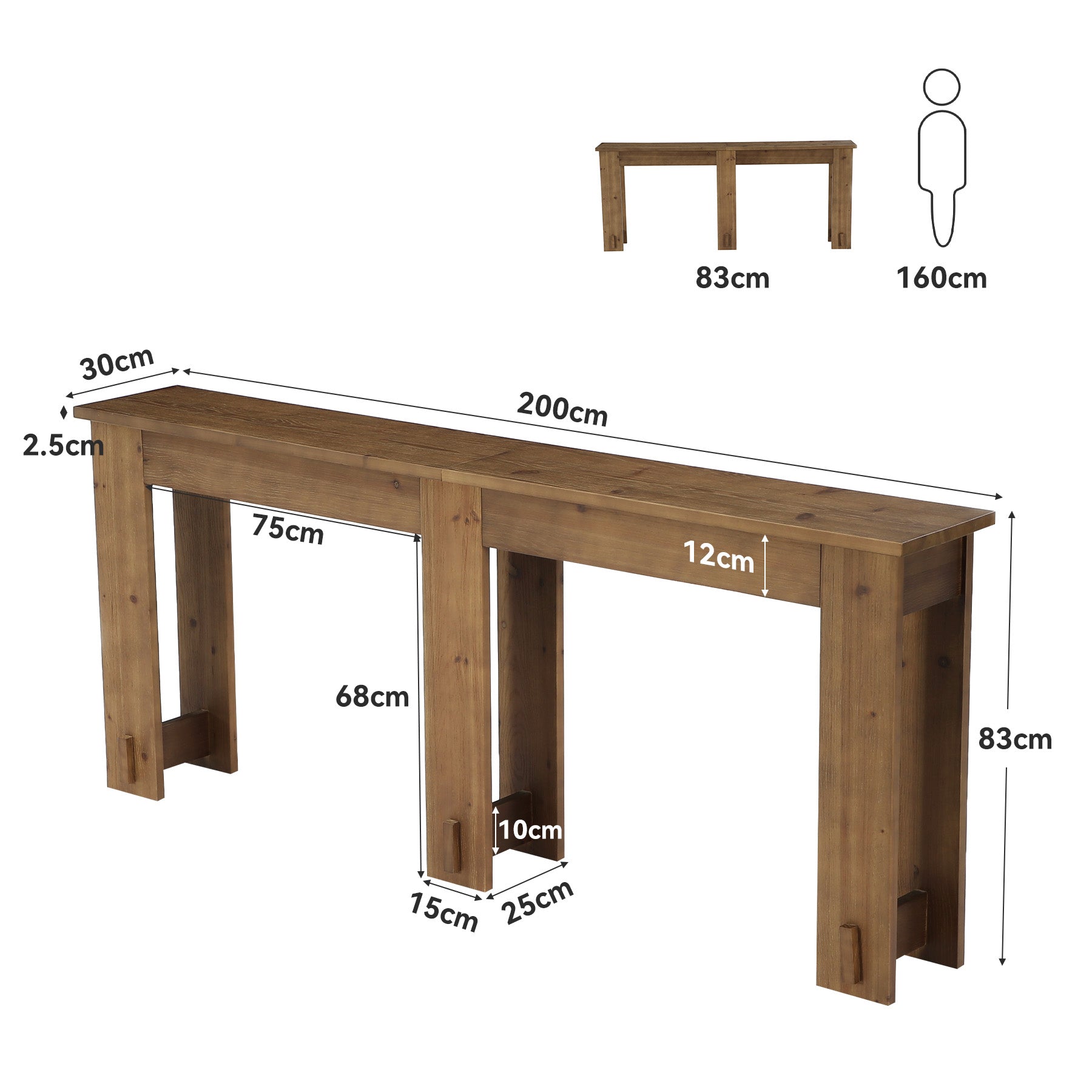 Tribesigns Massivholz Konsolentisch 200 cm, Extra langer Sofatisch aus Tannenholz mit 6 Beinen