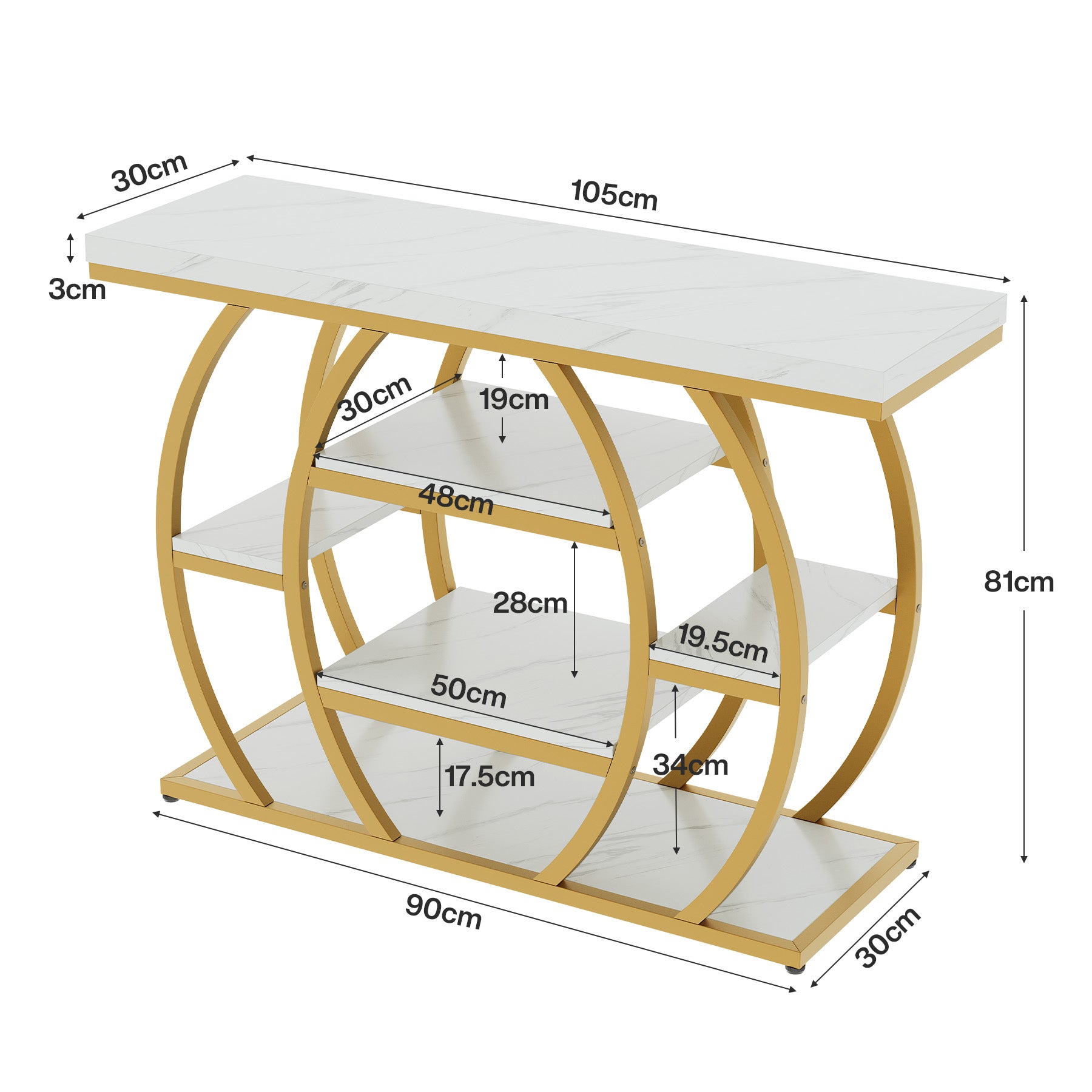 Tribesigns Konsolentisch 105 cm, Schmaler Flurtisch mit 5 Ablagen, Gold Metallgestell & Tischplatte in Marmoroptik