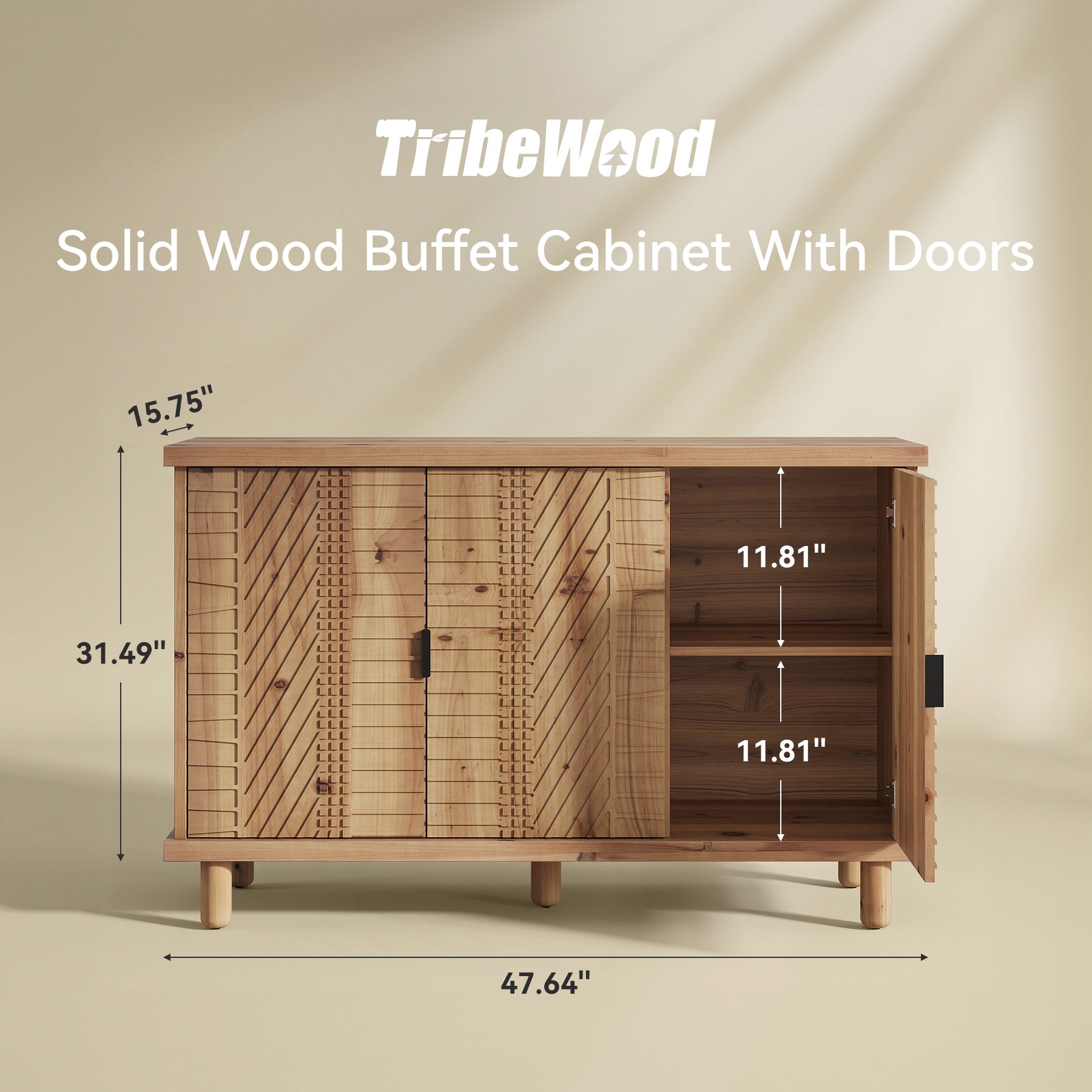 Tribesigns Massivholz Sideboard mit Stauraum, Buffetschrank im Landhausstil mit 3 Türen & 2 verstellbaren Einlegeböden