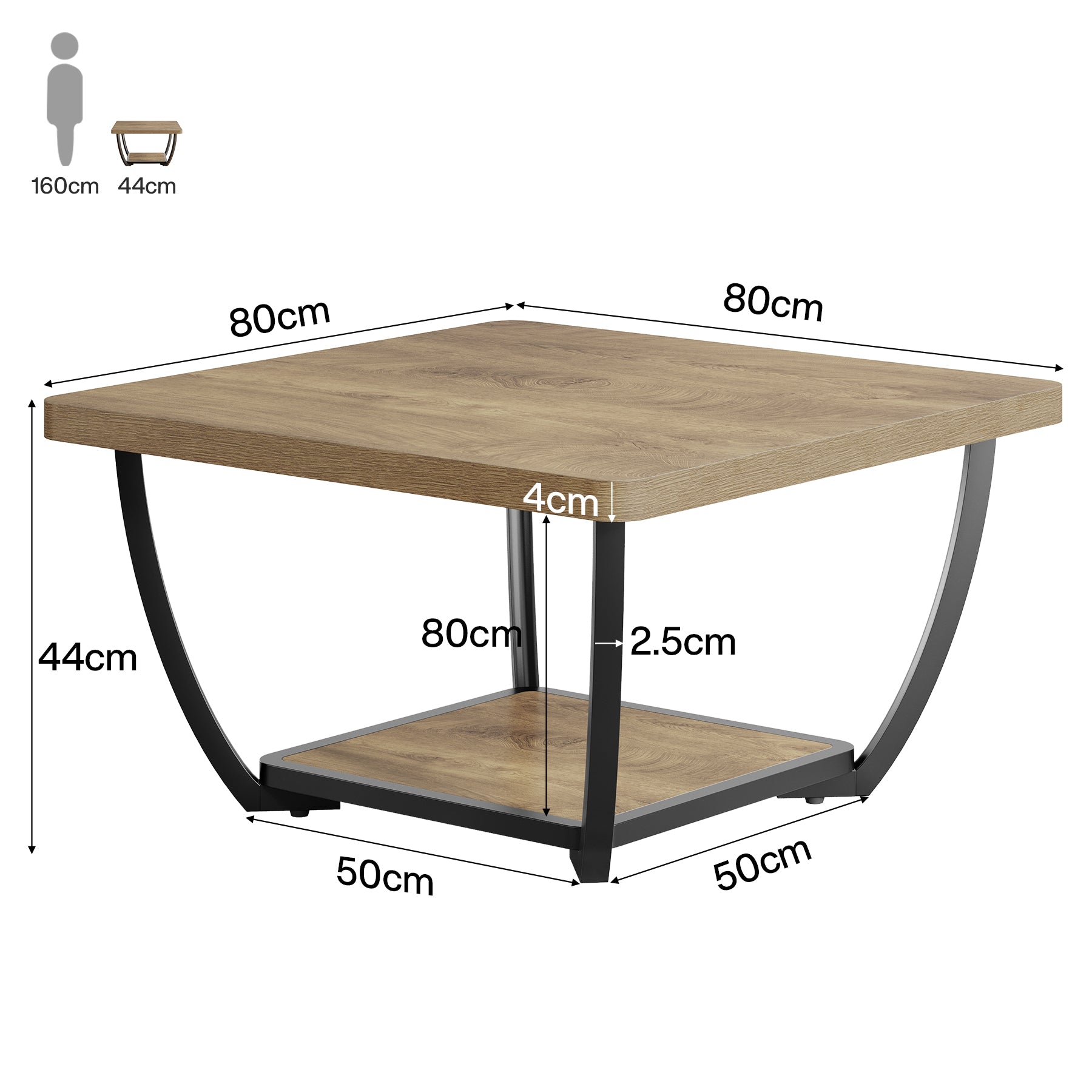 Tribesigns Quadratischer Couchtisch 80 cm mit Ablage, 2-Ebenen Wohnzimmertisch mit Metallgestell