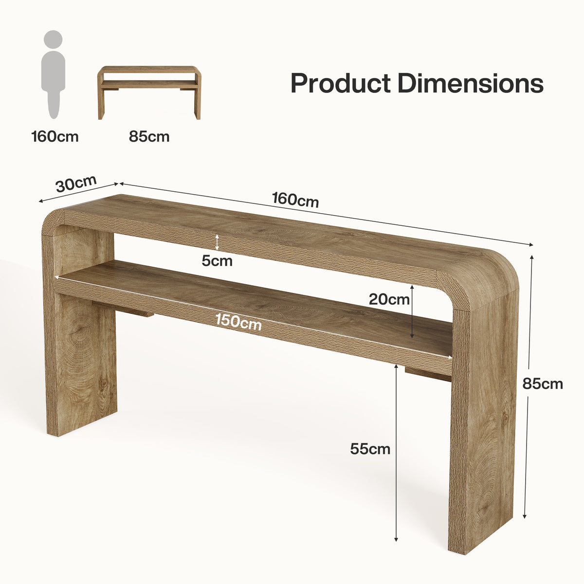 Tribesigns Schmaler Konsolentisch 160 cm, 30 cm tief, mit 2 Ablagen