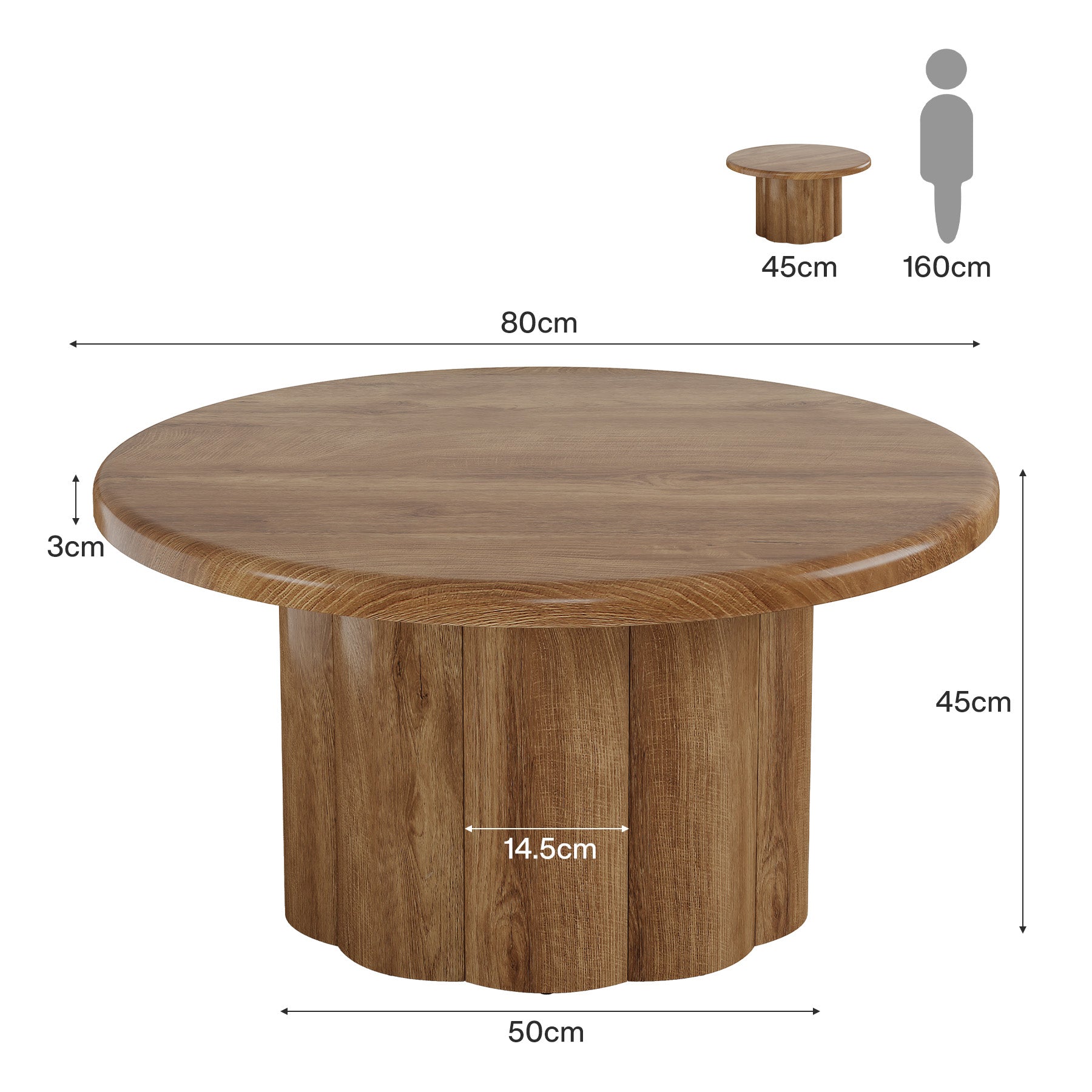 80 cm Couchtisch Rund, Landhaus Design Wohnzimmertisch mit Riffelbasis in Braun