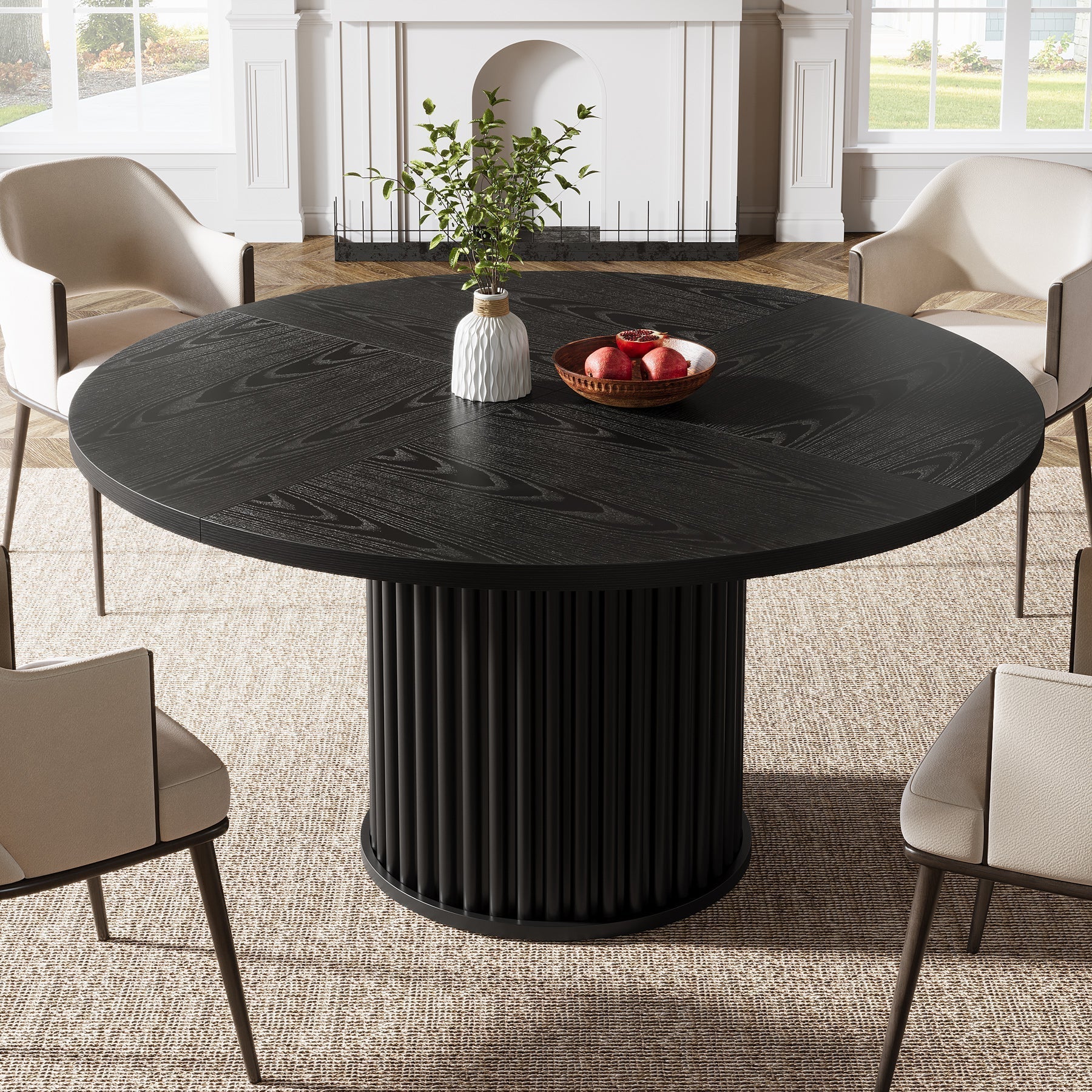 47" Round Dining Table, Wood Kitchen Table With Sturdy Fluted Metal Base Tribesigns