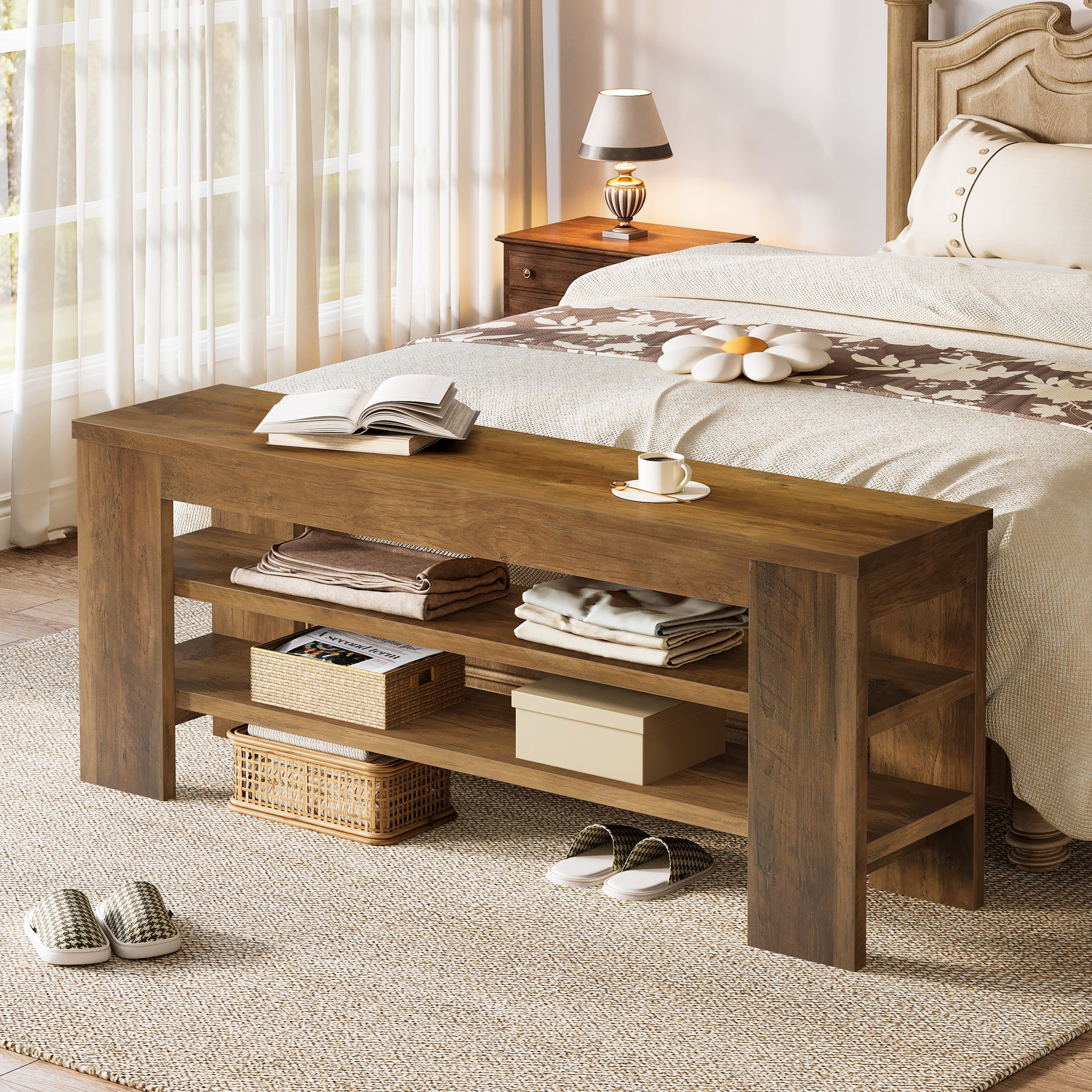 Schuhbank 120 cm mit Sitzfläche, Schuhregal, Garderobenbank aus Holz mit 3 Ebenen, belastbar bis 136 kg