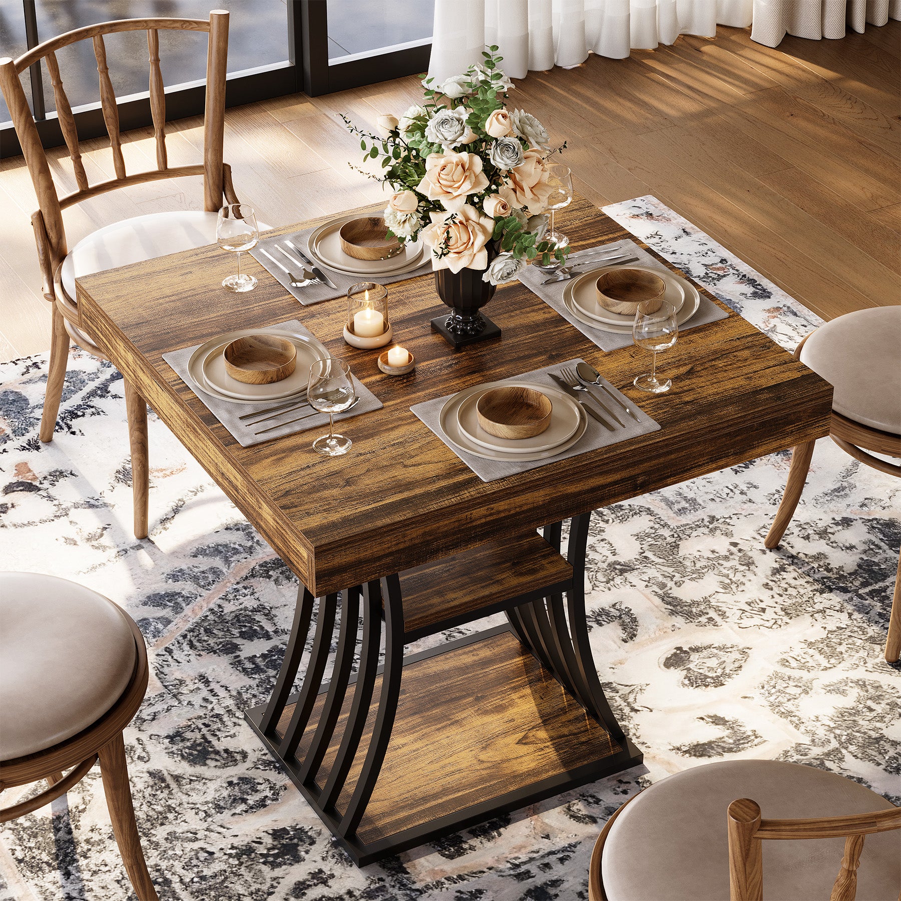 Tribesigns 80 cm Quadratischer Industrial Esstisch für 4 Personen, 2 Ablagefächer, Küchentisch für Wohnzimmer & Esszimmer