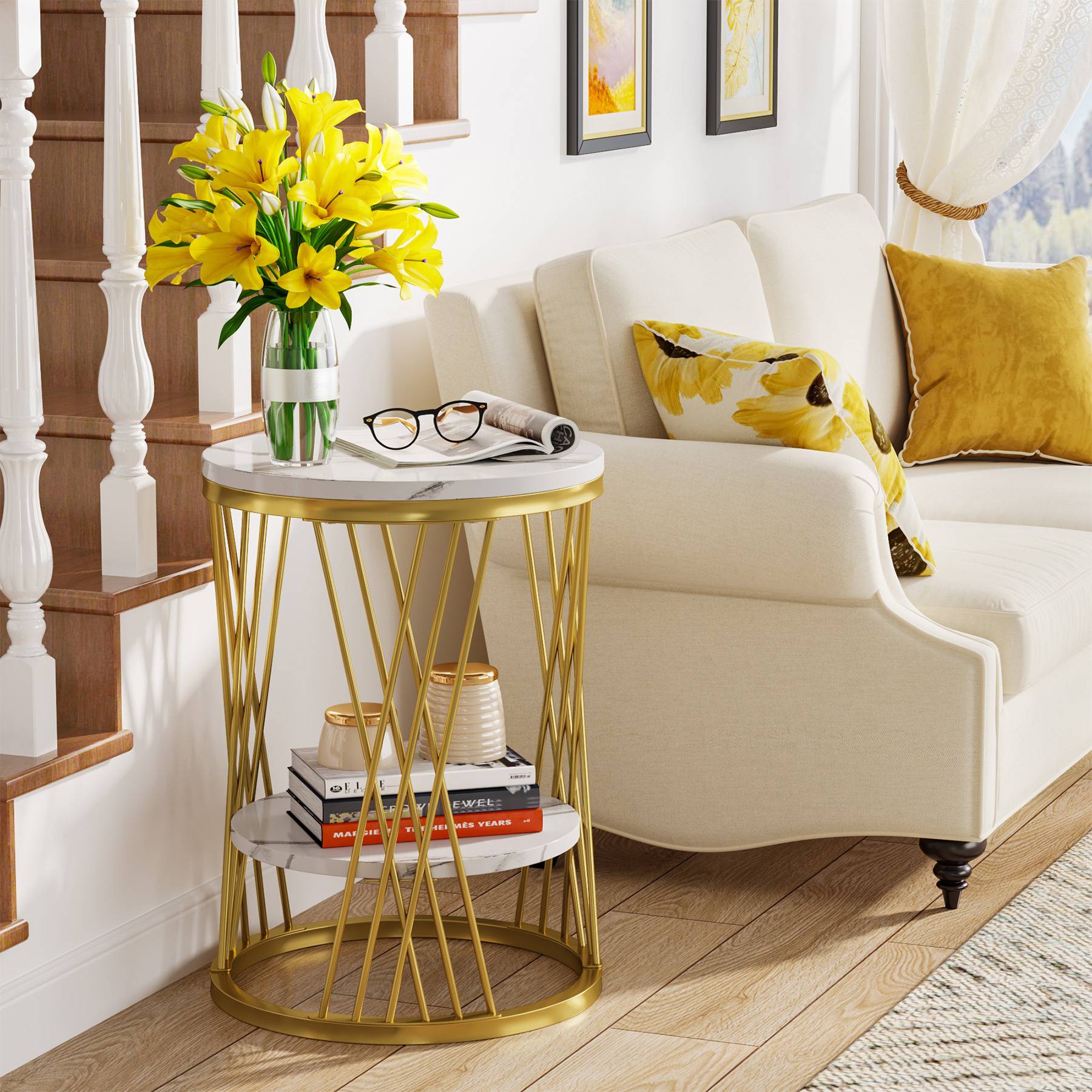 End Table, 2-Tier Round Bedside Table with Faux Marble Shelves Tribesigns