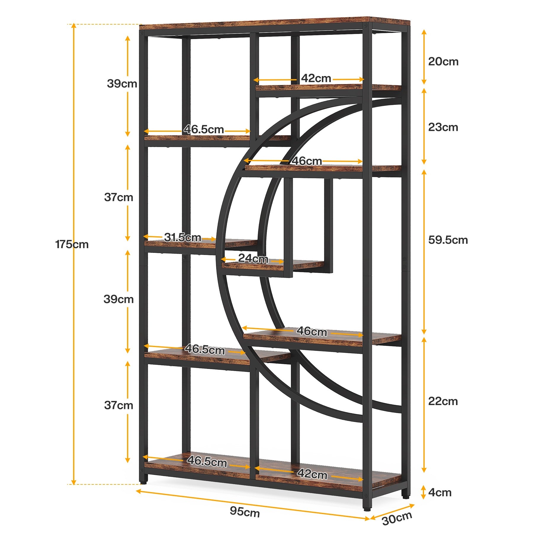 Freistehendes Bücherregal, 175 cm Etagere-Bücherregal mit 9 offenen Regalen