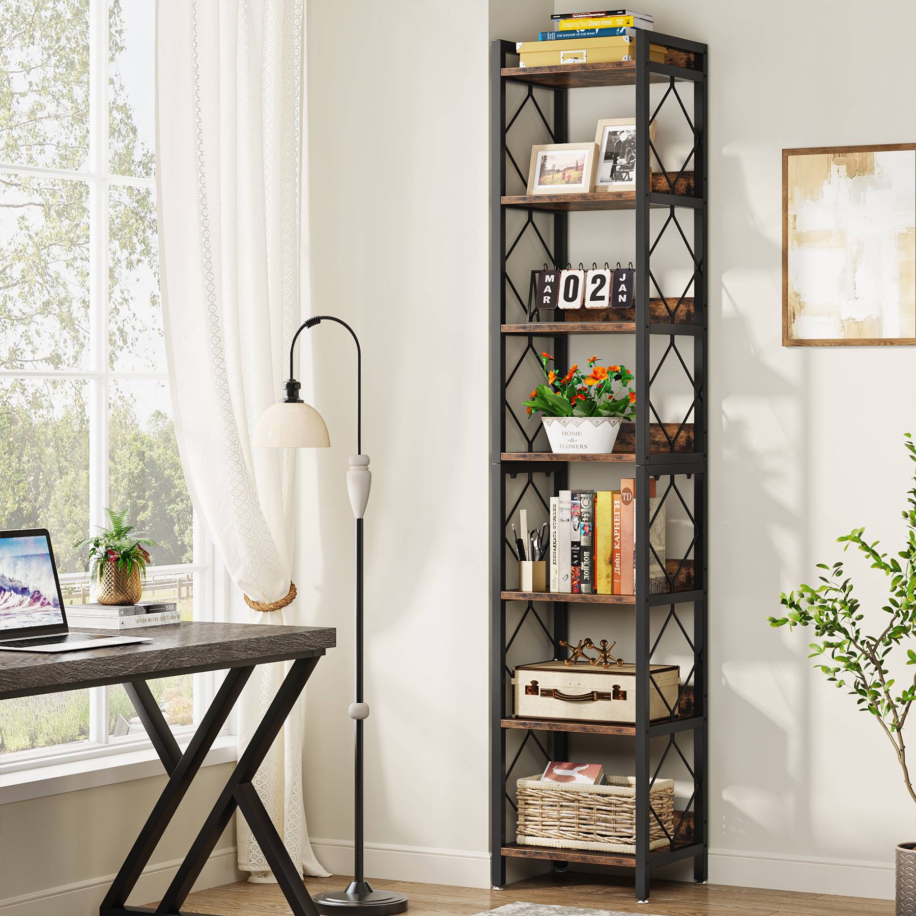 Schwarz 7-stöckiges schmales Bücherregal, freistehendes Präsentationsregal