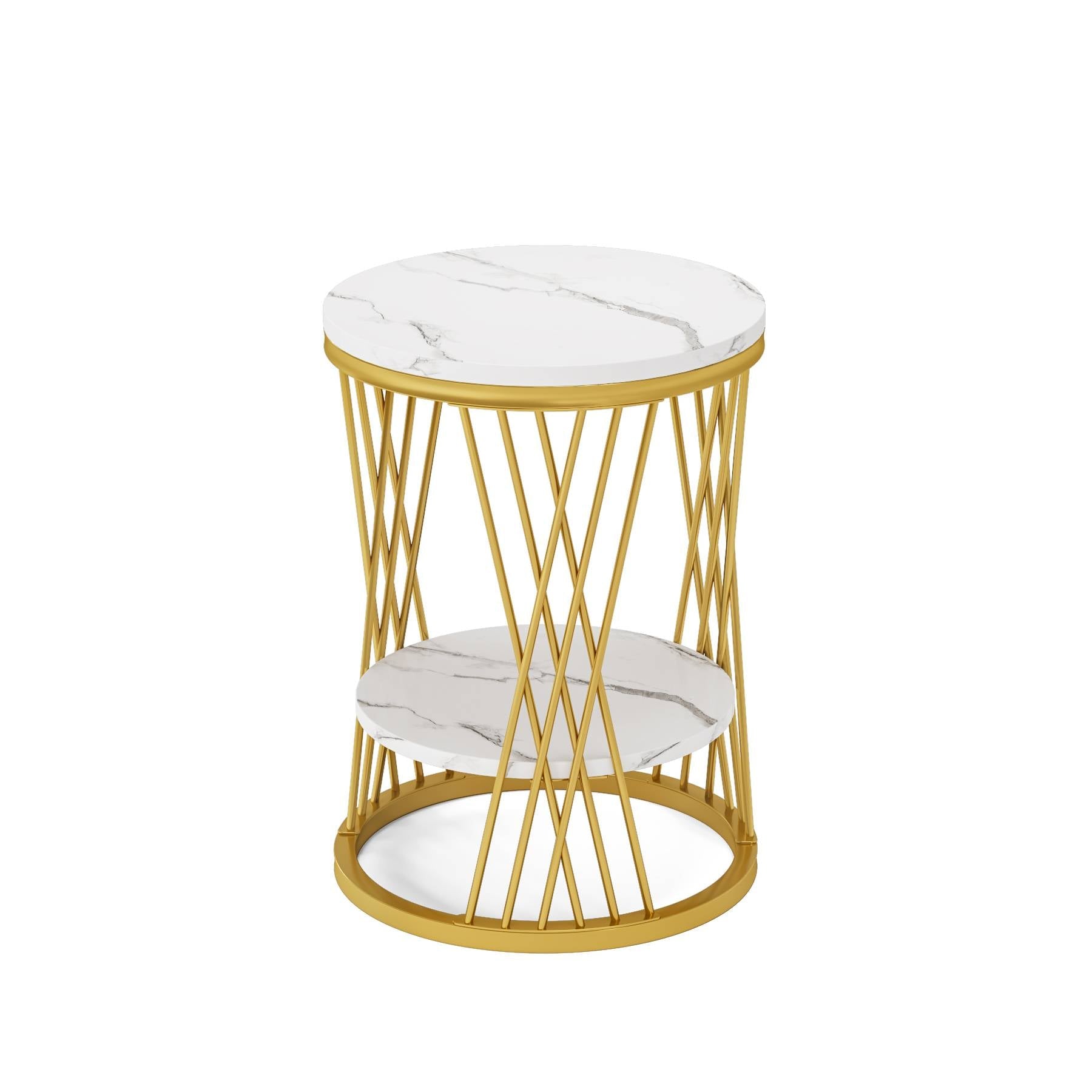 End Table, 2-Tier Round Bedside Table with Faux Marble Shelves Tribesigns