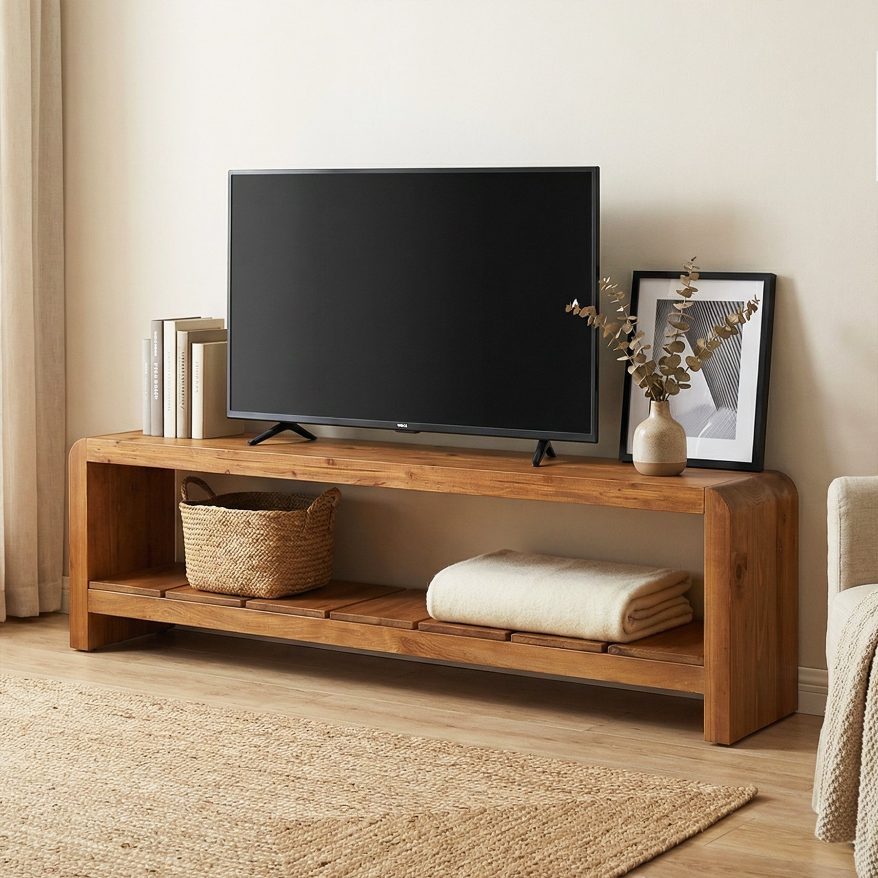 Tribesigns TV-Lowboard 150 cm aus Massivholz für 55–65 Zoll Fernseher, TV-Schrank im Landhausstil mit offener Ablage
