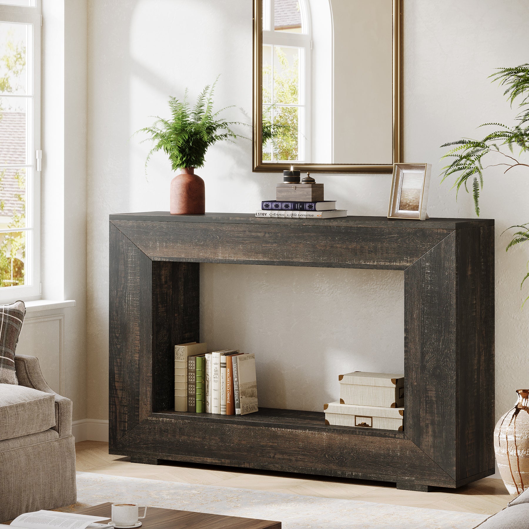 Konsolentisch im Landhausstil, 120 cm Sofatisch aus Holz für den Eingangsbereich mit Stauraum