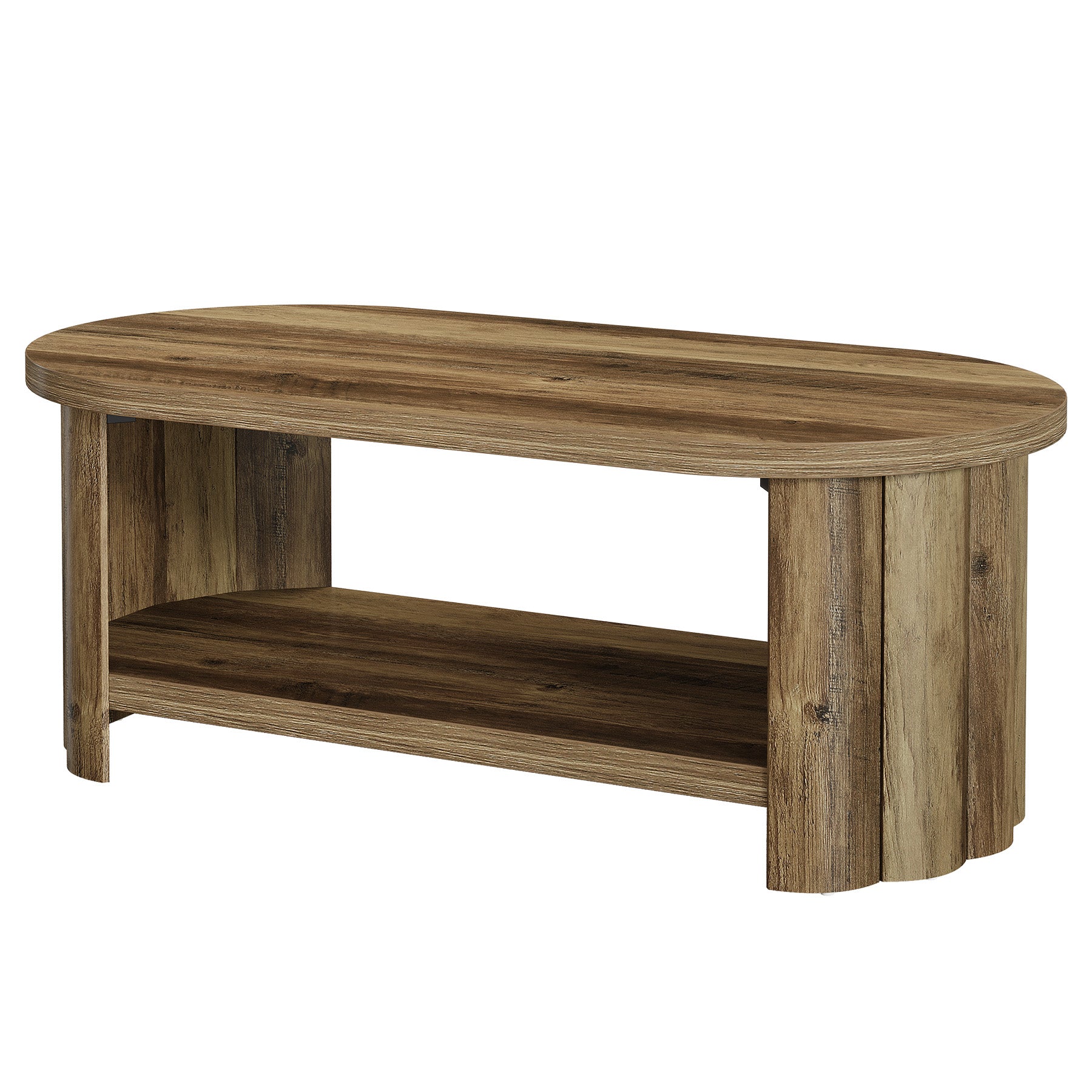 Tribesigns Ovaler Couchtisch 120 cm mit Ablagefach, Landhaus Wohnzimmertisch mit geriffeltem Standfuß