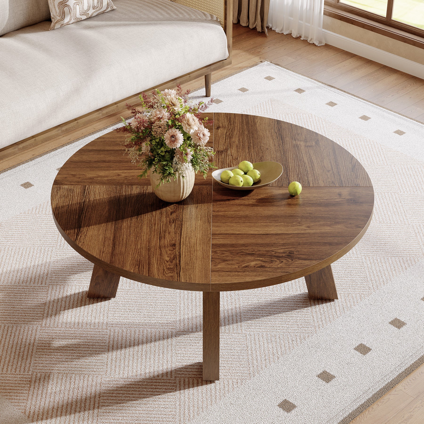 Runder Couchtisch 80 cm im Mid-Century-Stil, Wohnzimmertisch aus Holz mit verstärkter Kreuzstrebe