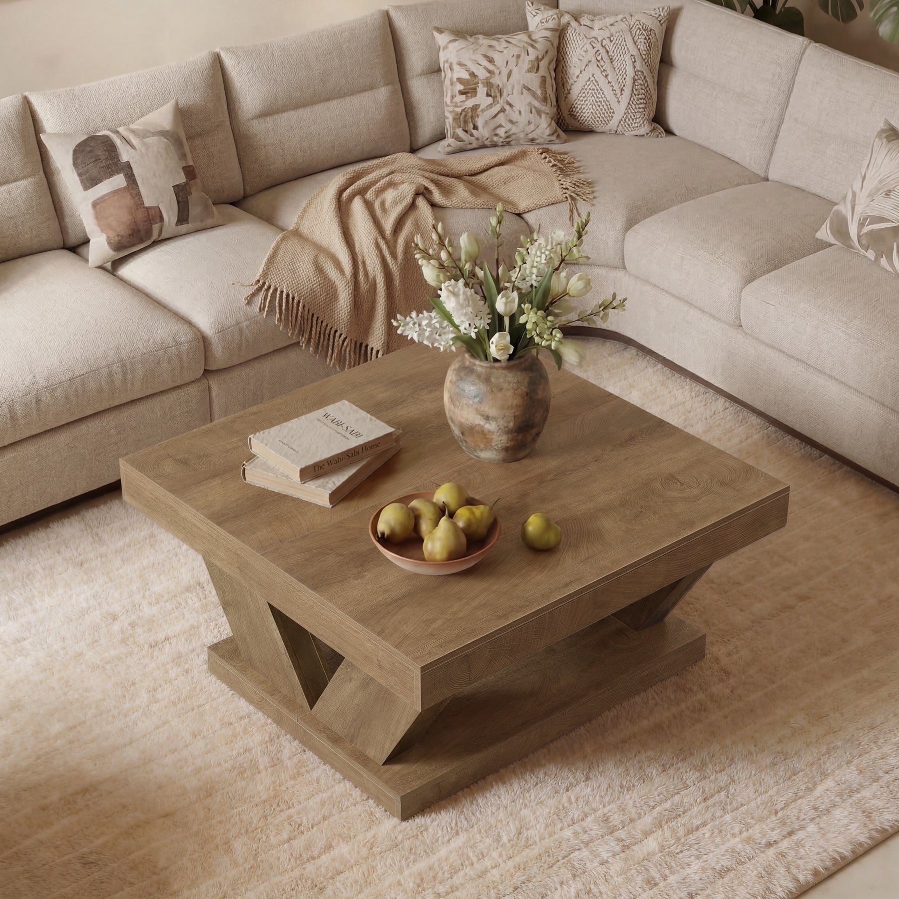 Tribesigns Quadratischer Couchtisch 100x100 cm, 2-stufiger Wohnzimmertisch im Landhausstil mit Ablage
