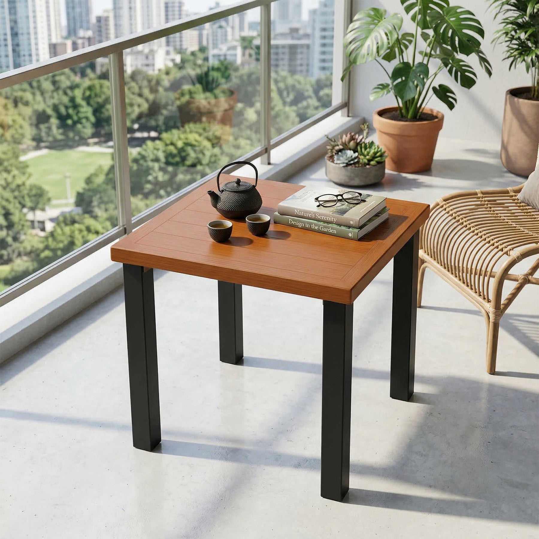 Outdoor Beistelltisch wetterfest, Balkontisch mit Holzoptik, Gartentisch mit stabilem Metallgestell