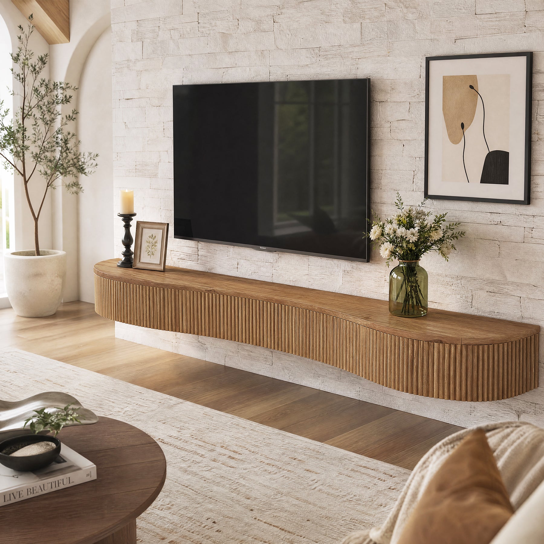 Tribesigns Floating Mantel Shelf aus Massivholz 180 cm, Kaminregal mit Geriffeltem Design