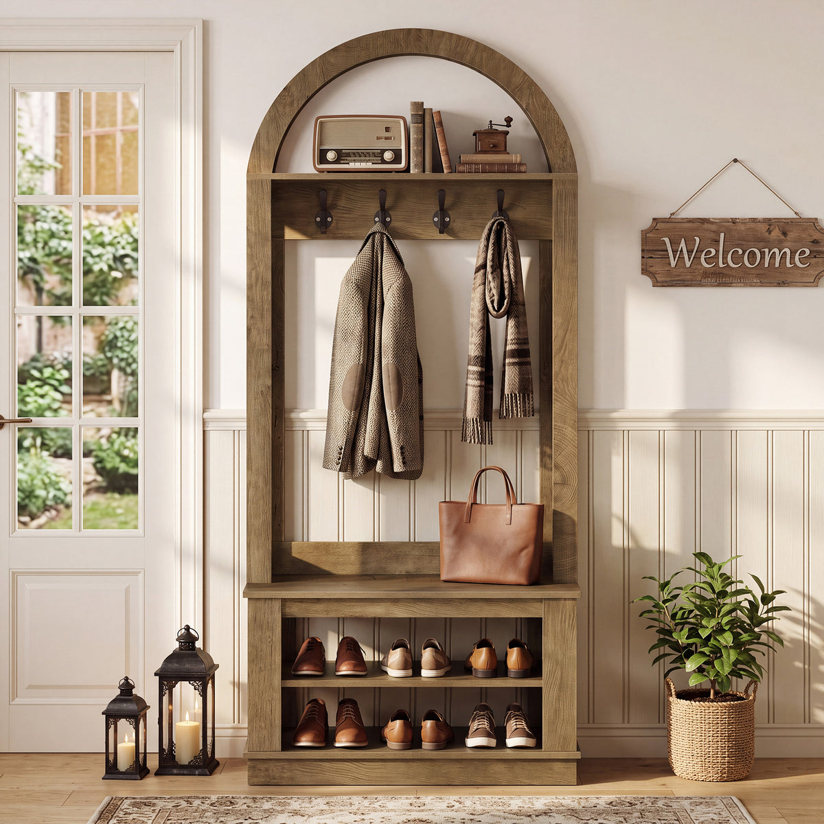 Tribesigns Garderobe mit Sitzbank & Schuhablage, 5-in-1 Flurgarderobe mit 12 Haken, Wandregal & Schuhregal