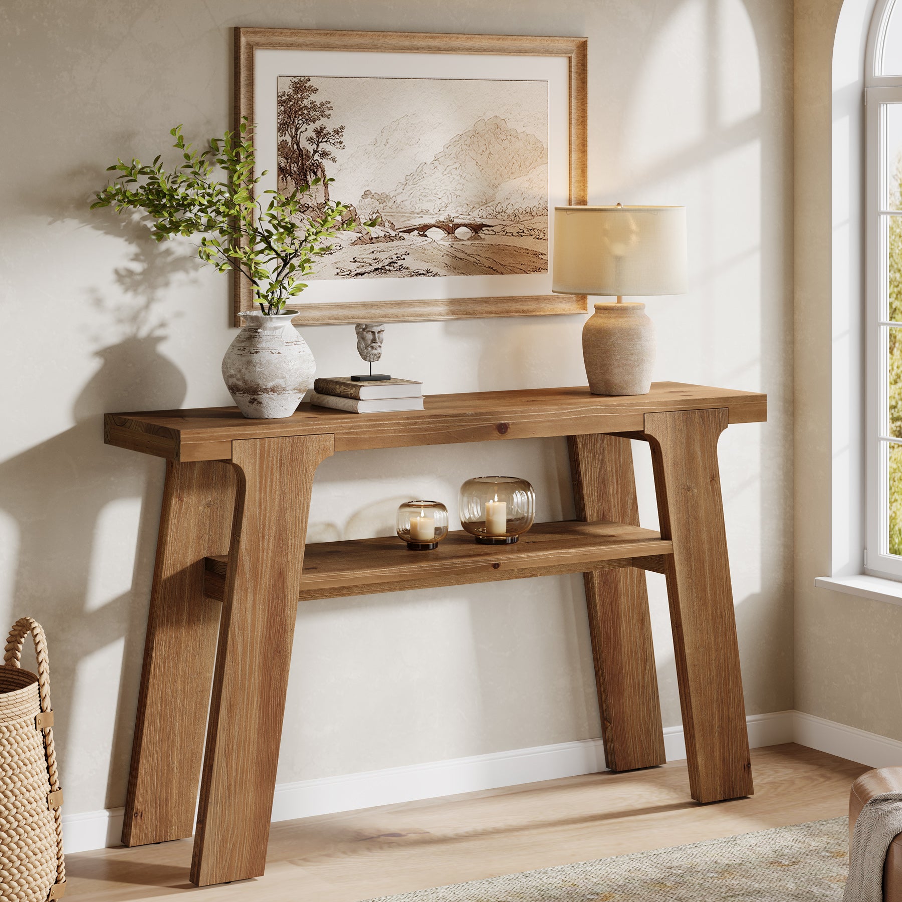 Tribesigns Massivholz-Konsolentisch 120 cm, Rustikaler Flur- und Sofatisch mit 2 Ablagen, Landhausstil