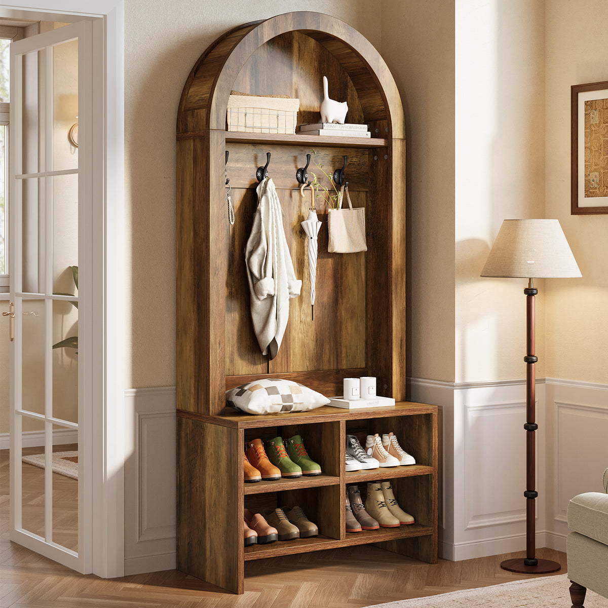 Tribesigns 4-in-1 Flurgarderobe mit Sitzbank, Schuhablage, 4 Haken und Fächern