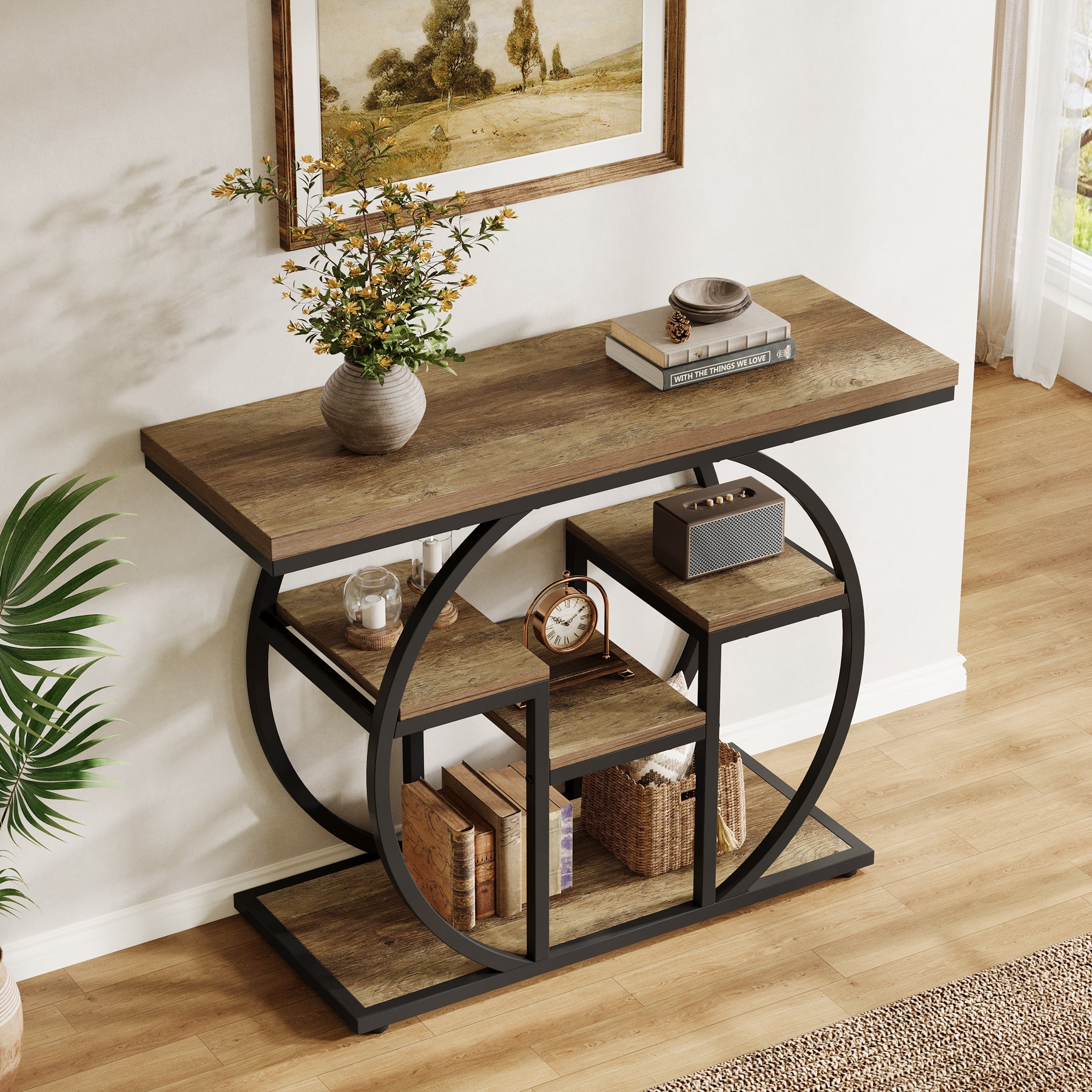 Tribesigns Konsolentisch 105 cm schmal mit 4 Ablagen, Industrial Sofatisch mit gebogenem Rahmen