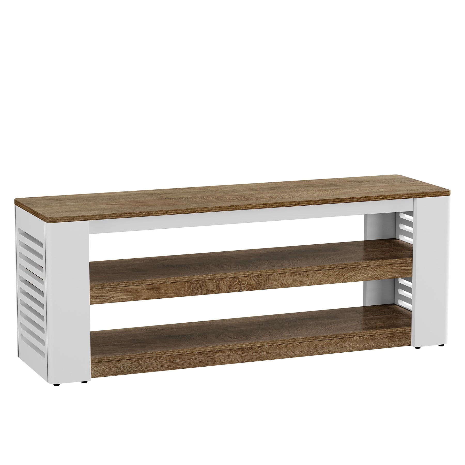 160 cm TV-Lowboard für Fernseher bis 75 Zoll, 3-stufiges TV-Möbel mit Stauraum und Lamellen-Seiten