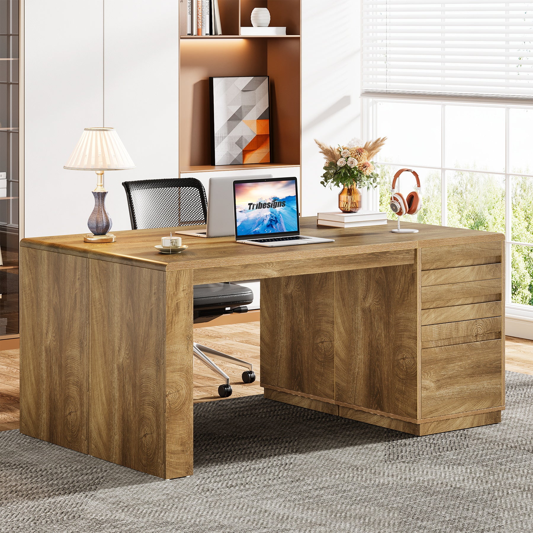 Tribesigns Schreibtisch 140 cm mit 3 Schubladen, Home-Office Schreibtisch mit verstellbarem Hängeregister-Schubladenschrank