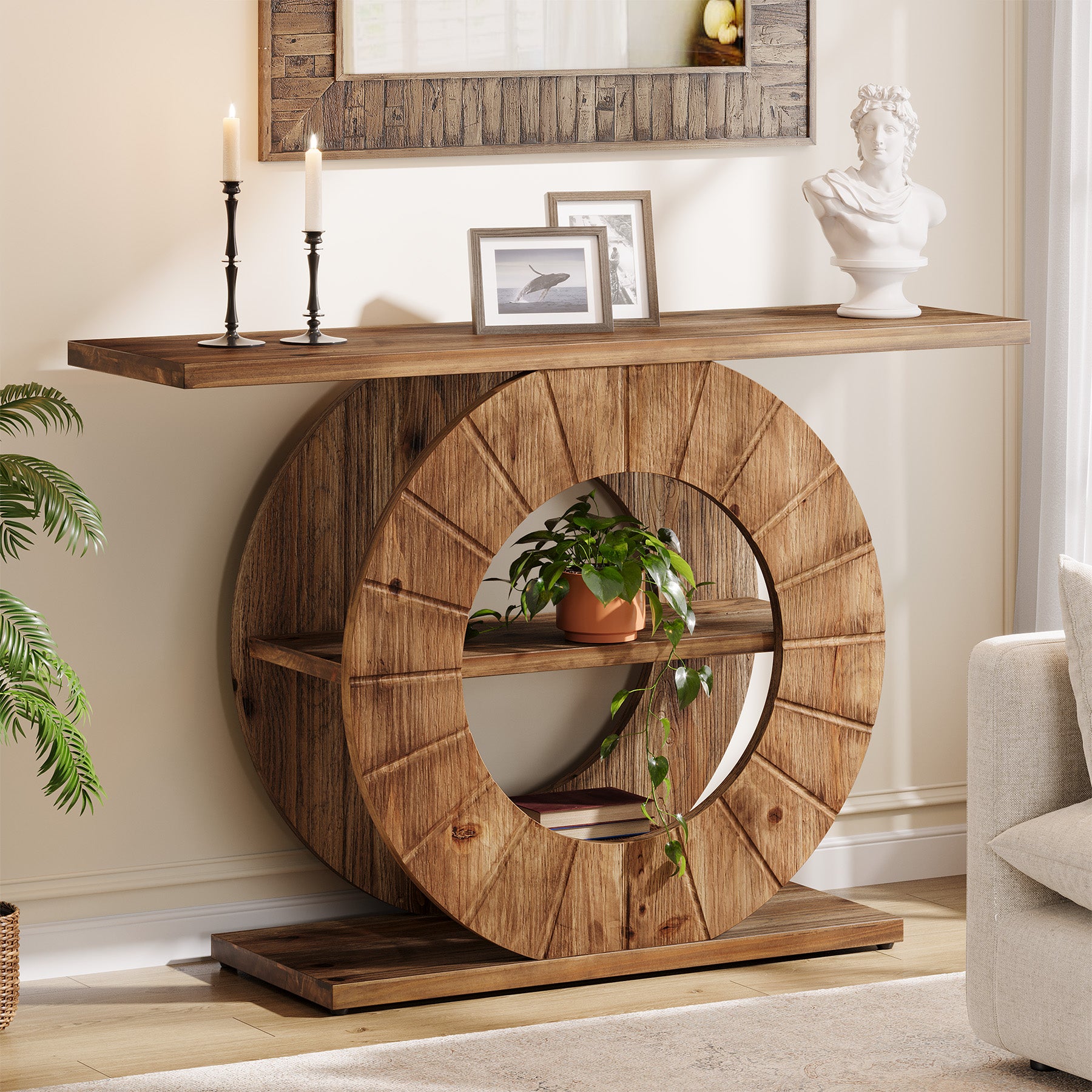 Tribesigns Massivholz Konsolentisch 105 cm mit 3 Ablagen, Schmale Flurkonsole im Landhausstil mit Rundem Design