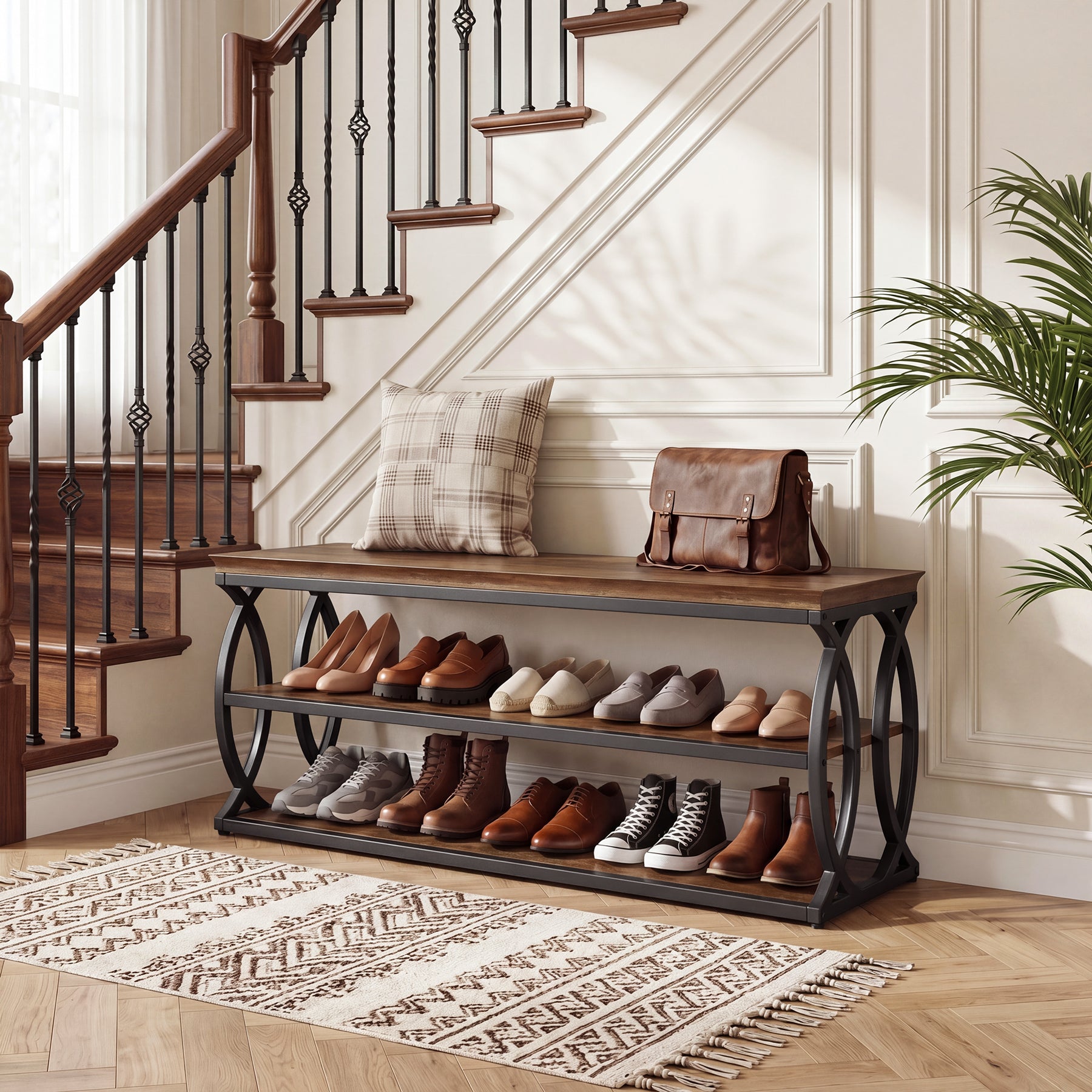 Tribesigns Schuhbank mit Stauraum 120 cm, 3-stufiges Schuhregal im Industrial-Landhausstil mit Sitzfläche