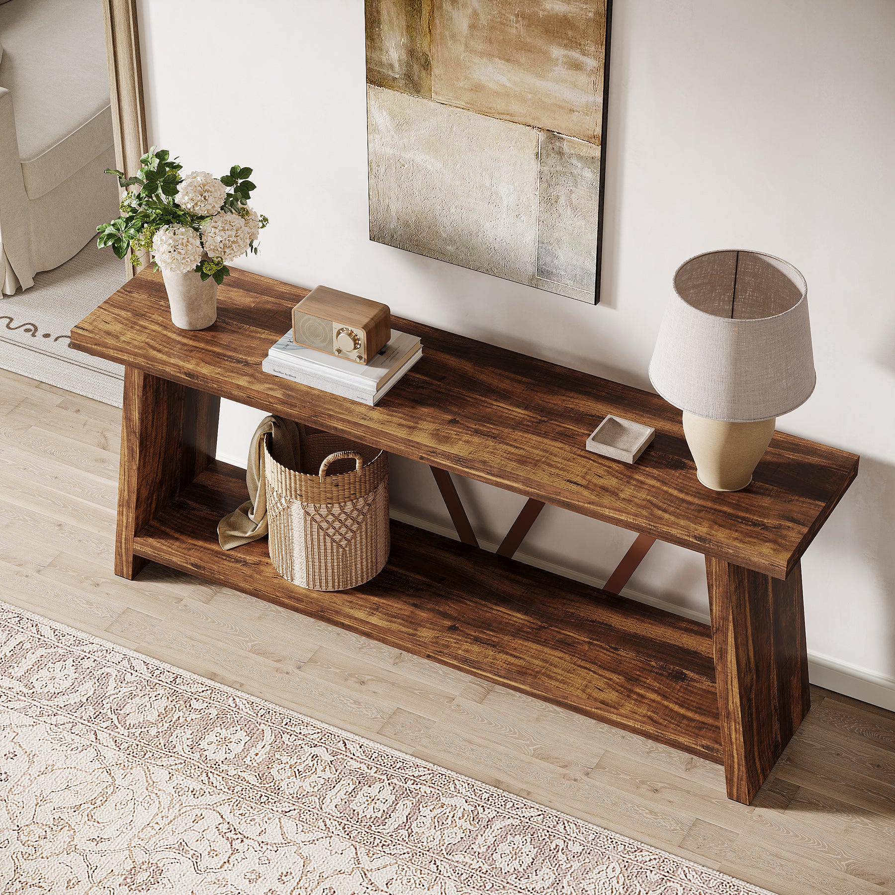 Tribesigns Extra langer Konsolentisch 180 cm mit 2 Ablagen, Schmaler Sofatisch für Wohnzimmer und Flur, Holz-Metall Design
