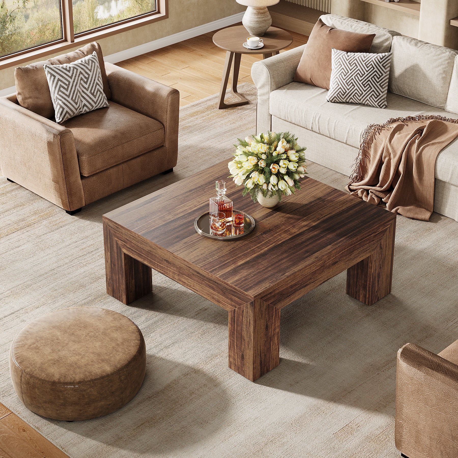 100 cm Quadratischer Couchtisch, Wohnzimmertisch aus Holz mit robusten Beinen für Sofa & Schlafzimmer