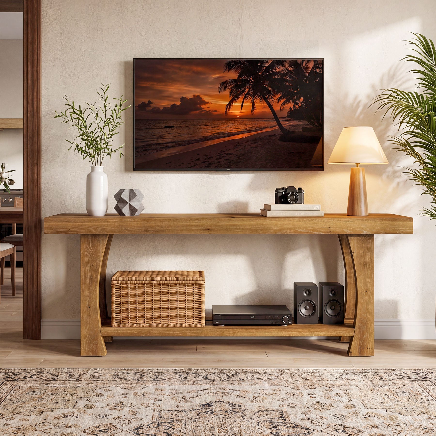 Tribesigns Massivholz TV-Lowboard für 55–70 Zoll Fernseher,  TV-Schrank mit 2 Ebenen Ablage & konischen Holzbeinen