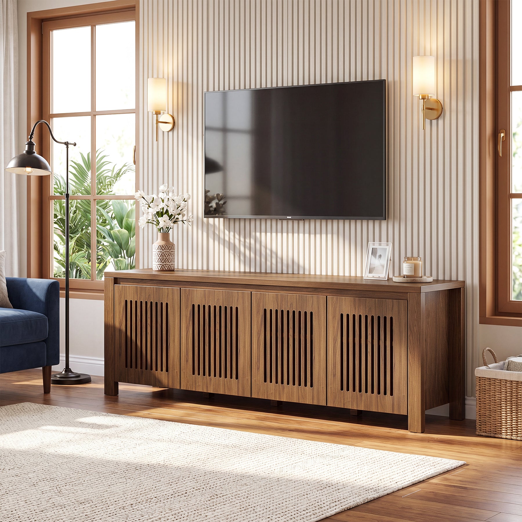 Tribesigns TV Lowboard 140 cm für Fernseher bis 65 Zoll, TV-Schrank mit Lamellentüren & 8 Staufächern