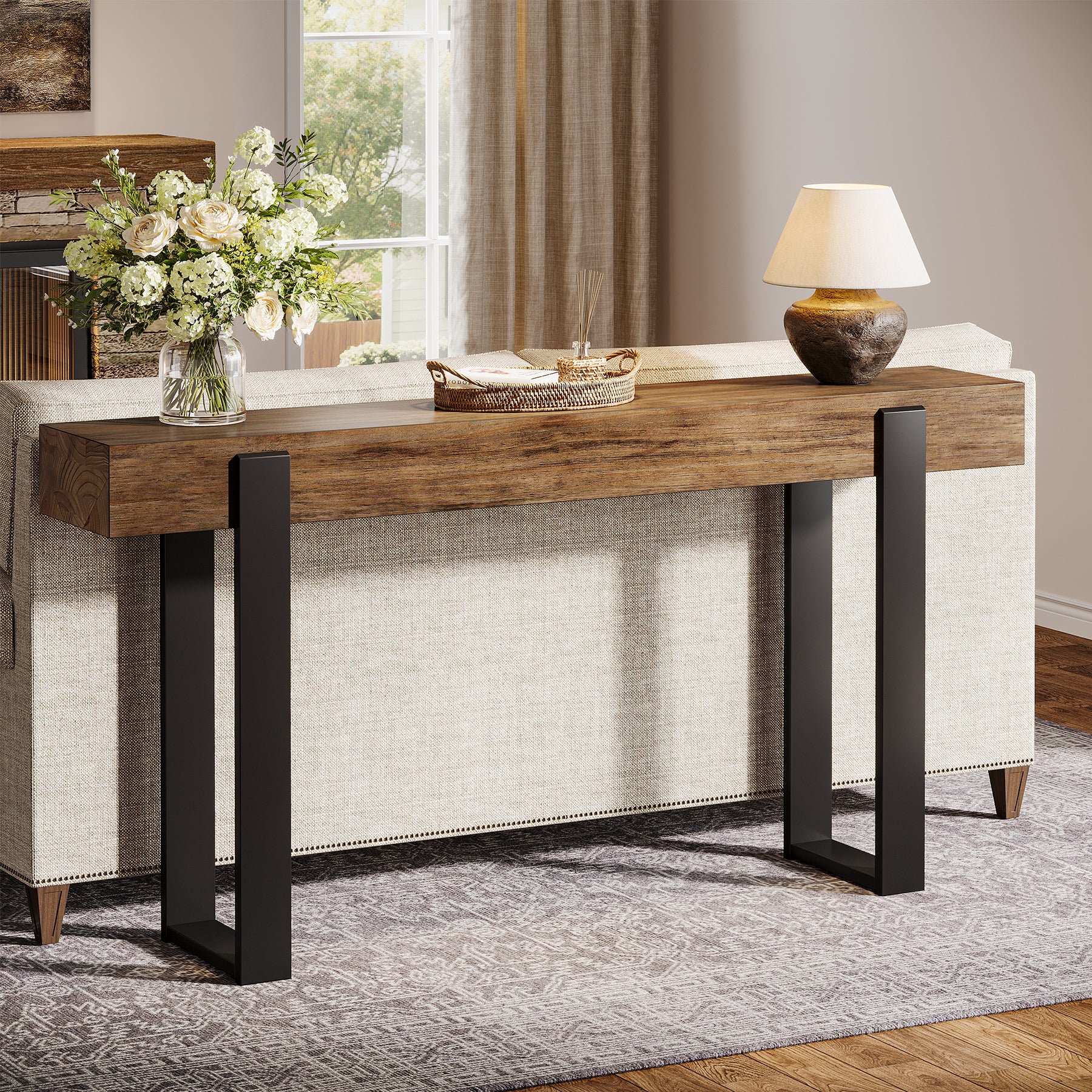 Tribesigns Schmaler Konsolentisch 160 cm, Massivholz Sofatisch mit Metallbeinen, Flurtisch im Industrial-Landhausstil