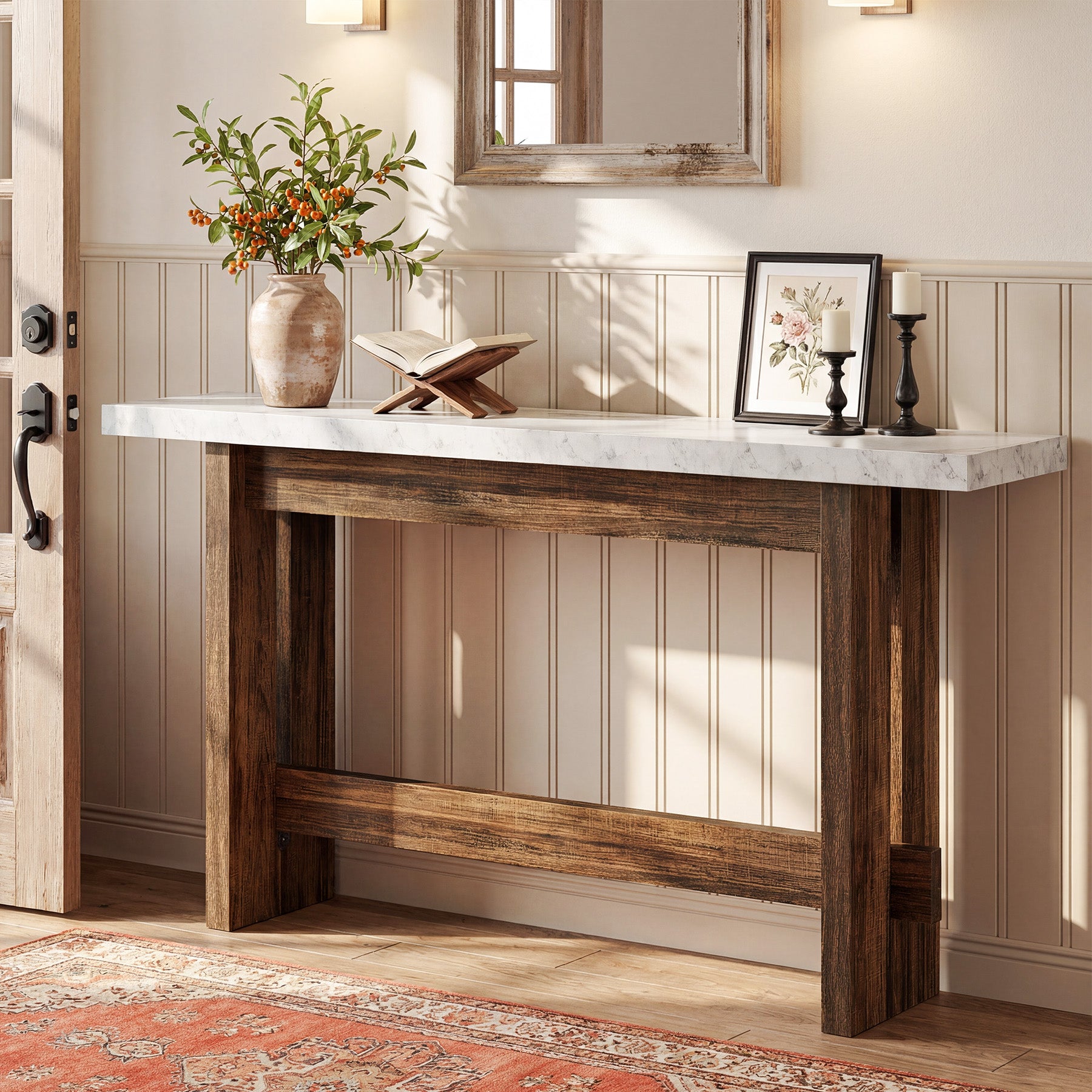 Tribesigns Konsolentisch Landhausstil, 160 cm Flurtisch mit Marmoroptik-Tischplatte