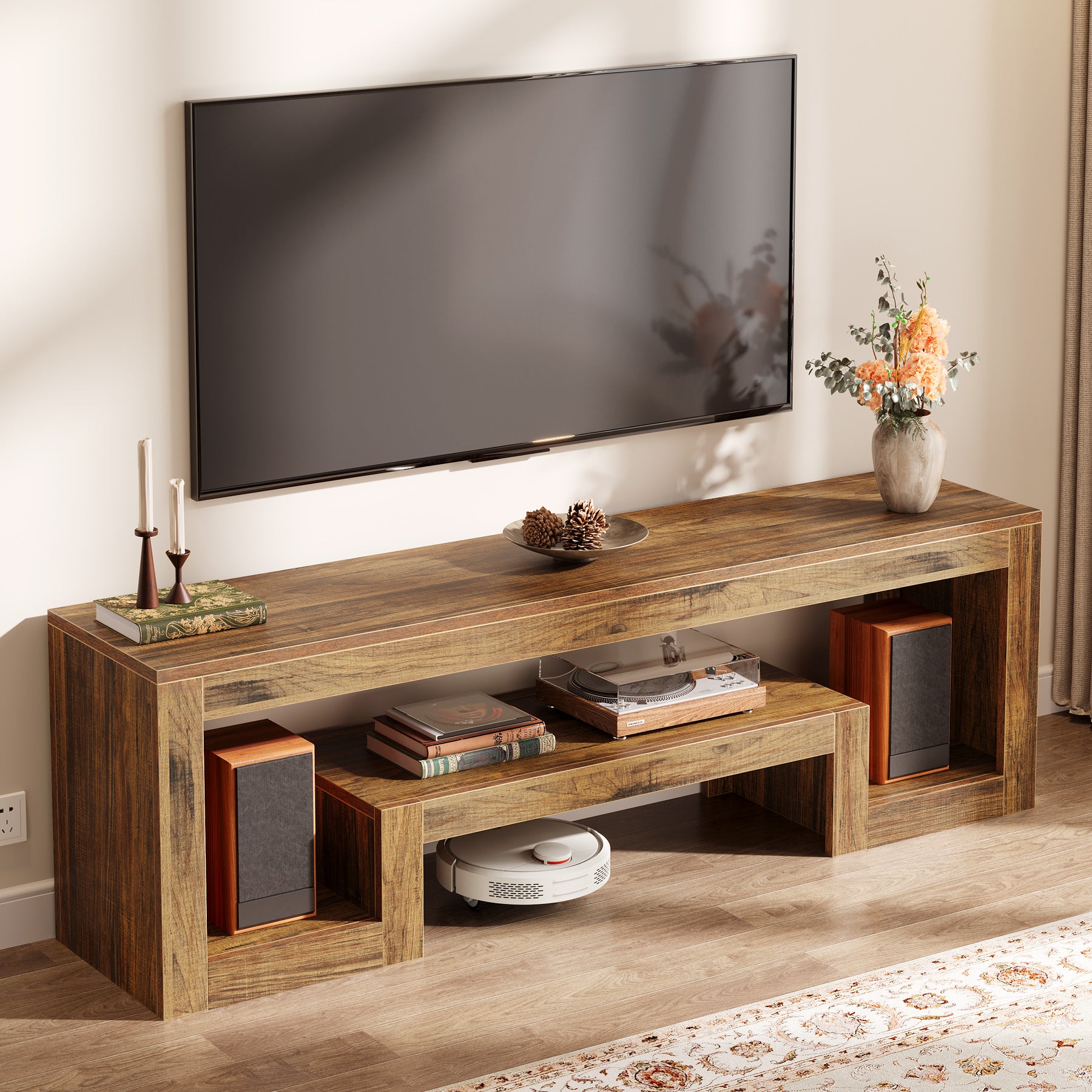 TV-Lowboard 63 Zoll, Bauernhaus Fernsehkonsole mit offenen Ablagen für 55–65 Zoll Fernseher