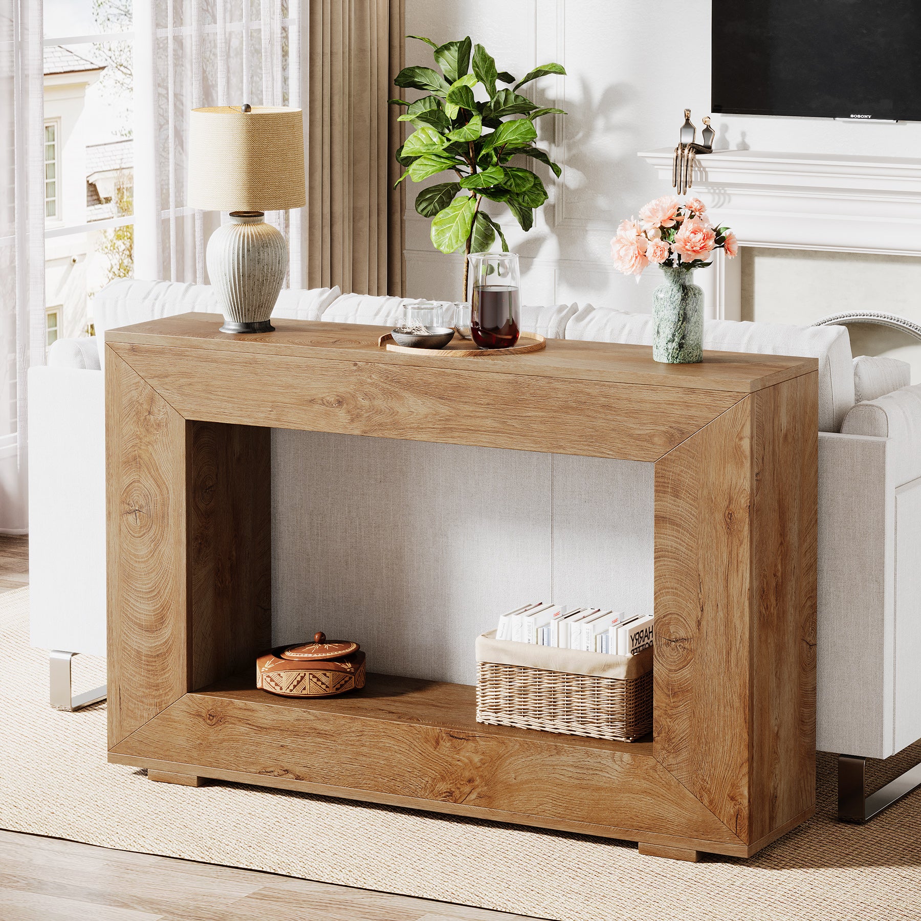 Konsolentisch im Landhausstil, 120 cm Sofatisch aus Holz für den Eingangsbereich mit Stauraum