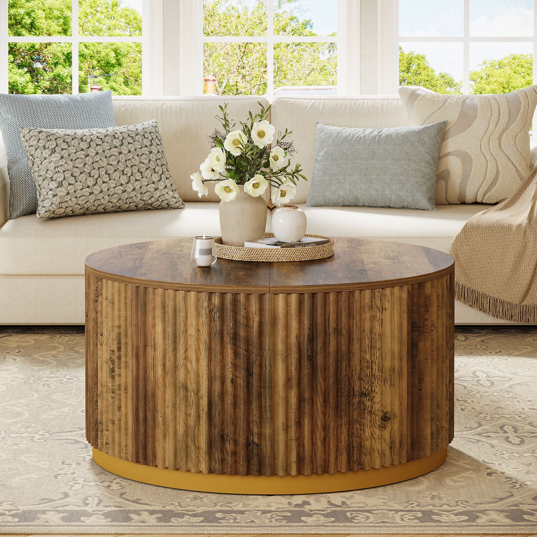Runder Couchtisch 80 cm mit geriffeltem Design, Wohnzimmertisch mit stabiler Trommelbasis