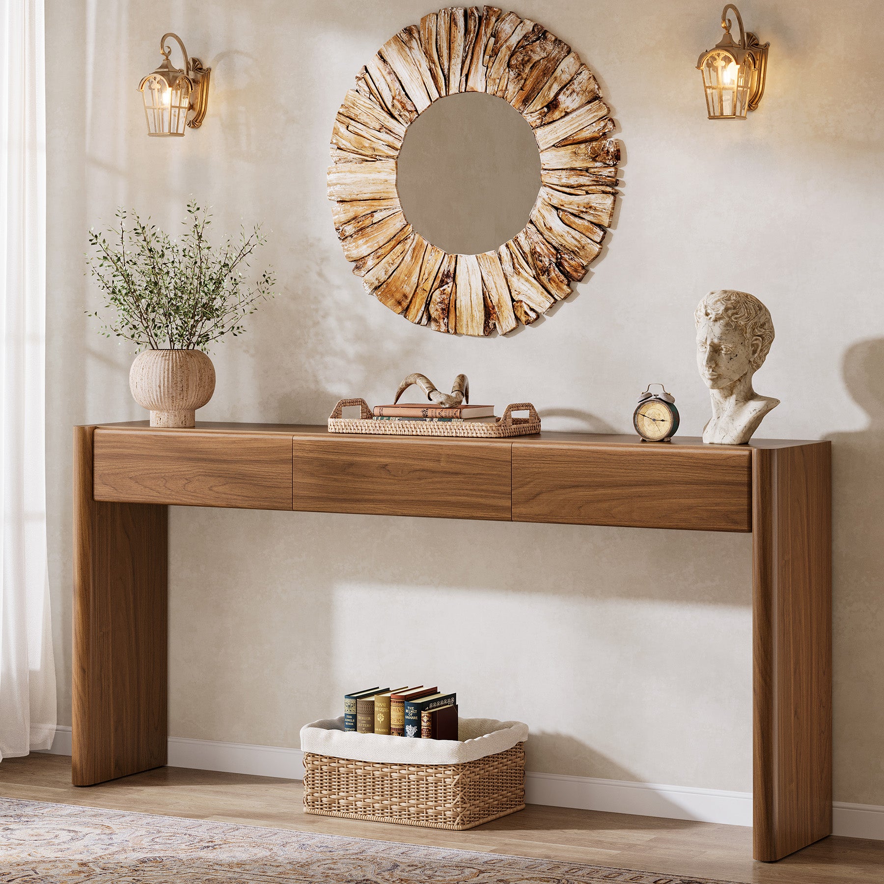 Konsolentisch 180 cm mit 3 Schubladen – Schmaler Flurtisch in Vintagebraun, Holz Sofatisch mit Ablage