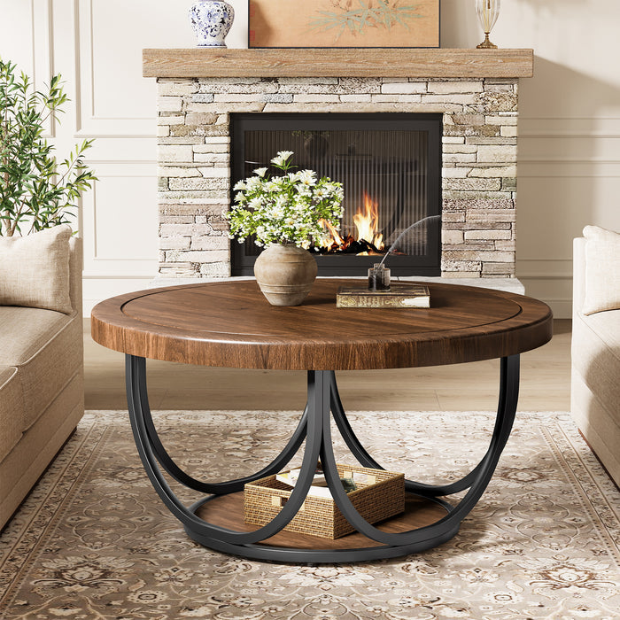 Runder Couchtisch 80 cm mit Ablage, 2-stufiger Wohnzimmertisch Industrial Stil mit Metallgestell