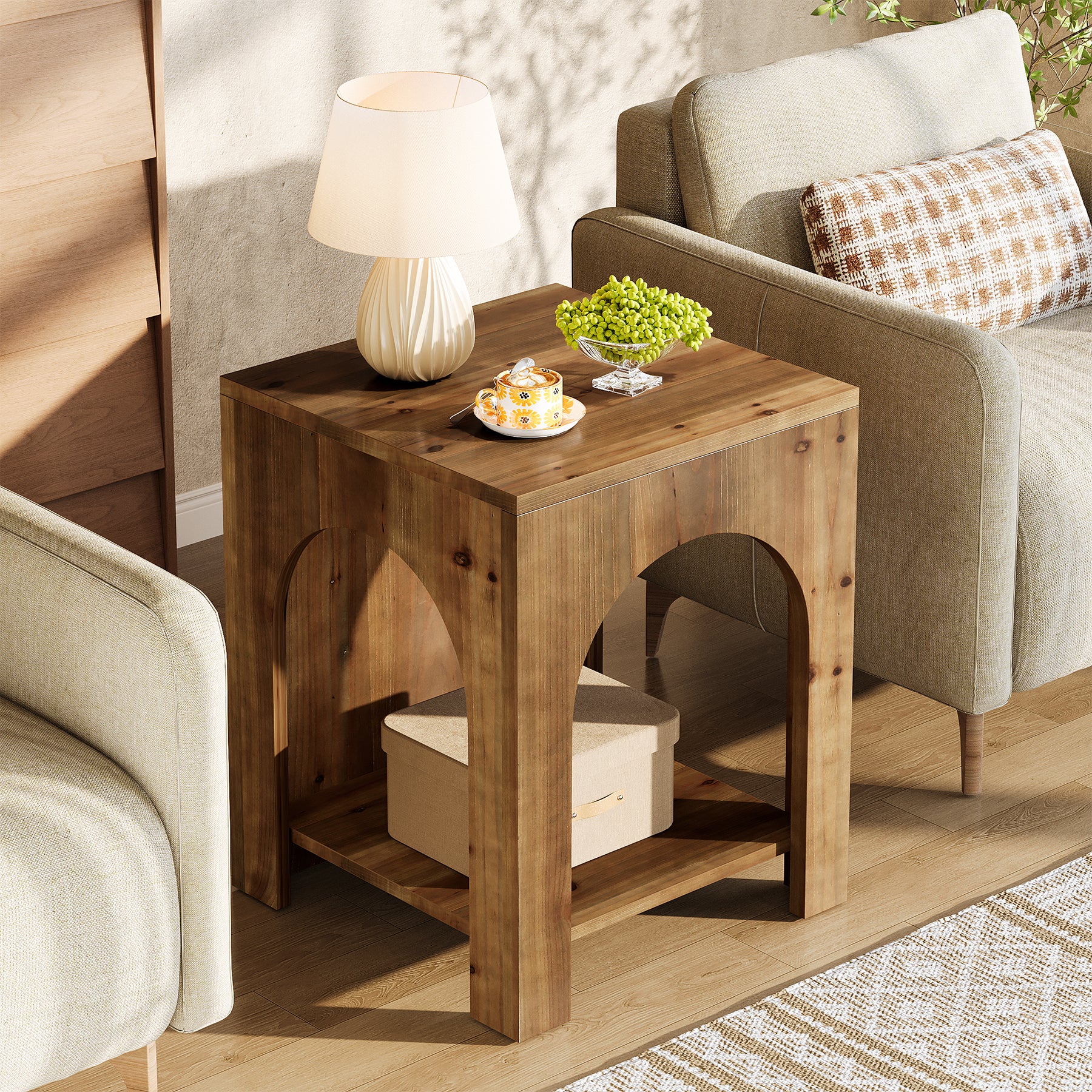 Tribesigns Beistelltisch im Landhausstil mit Rundbogen-Design, 2-stufiger Nachttisch mit Ablage