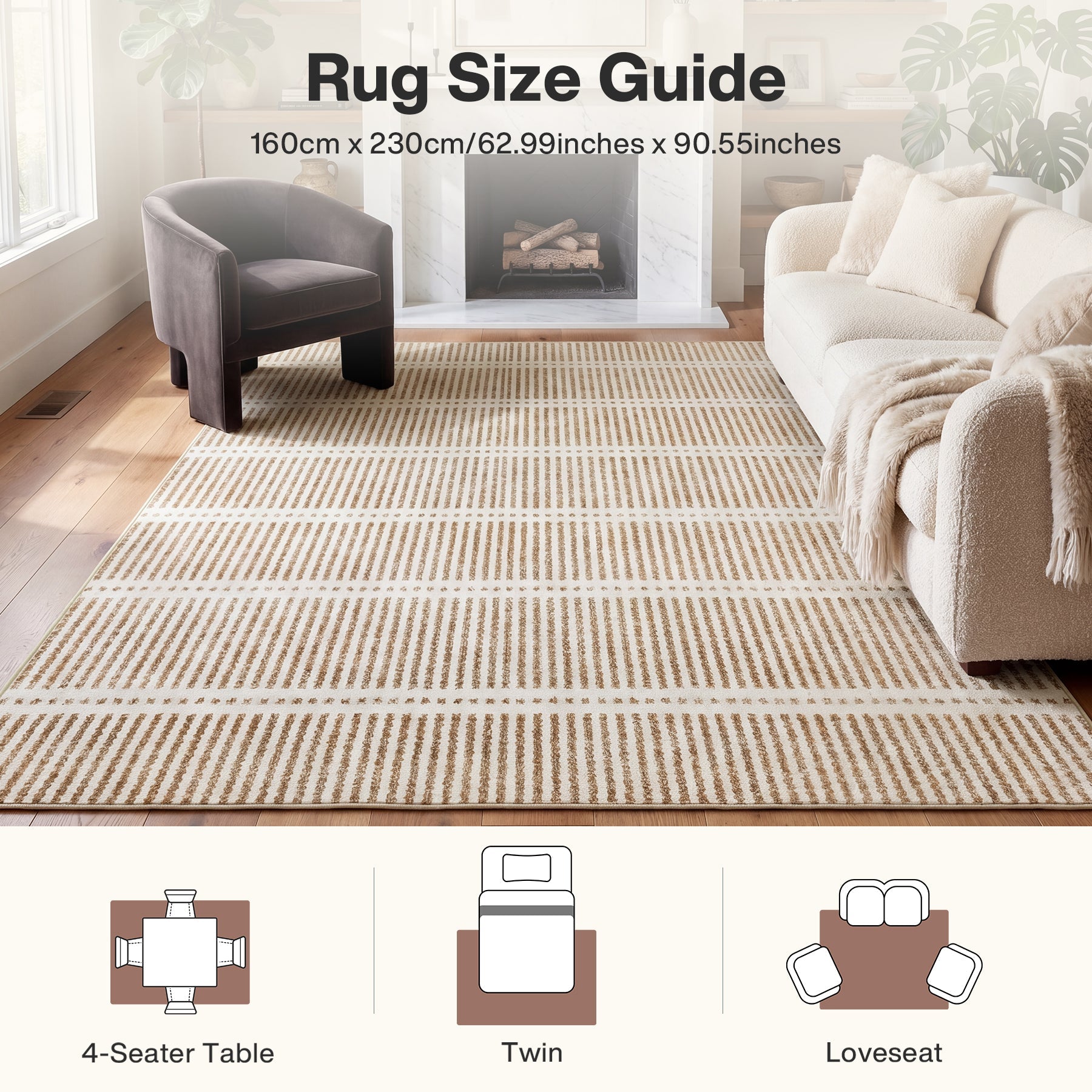 Tribesigns Waschbarer Kurzflorteppich, 160 x 230 cm & 200 x 300 cm – ultradünn, gestreiftes Design im Landhausstil