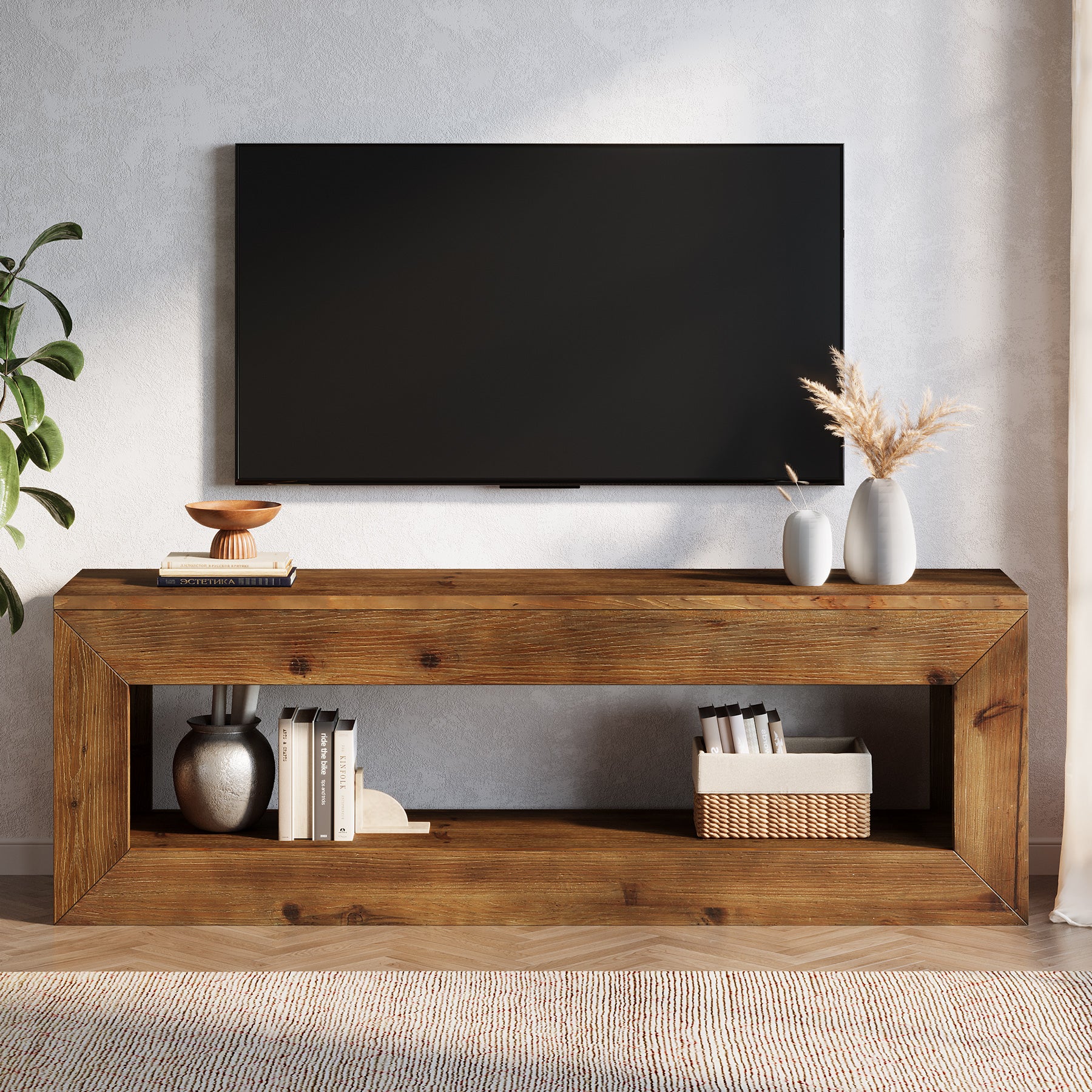 Tribesigns TV-Lowboard aus Massivholz 120 cm, TV-Schrank mit Offenem Stauraum für 32–55 Zoll Fernseher