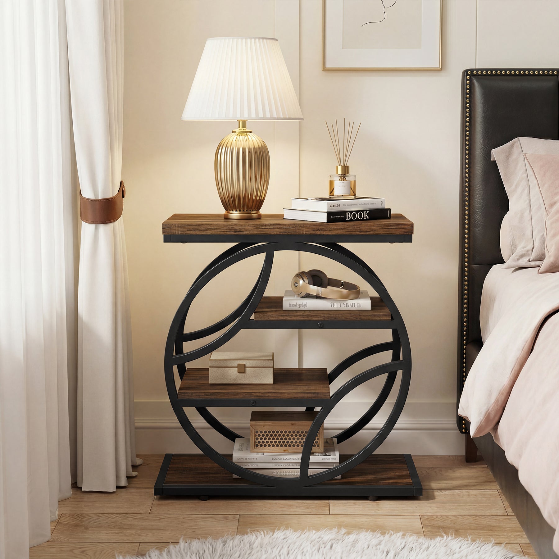 Tribesigns 4-stufiger Beistelltisch, schmaler Sofatisch mit Metallrahmen & Ablagen, industrieller Nachttisch